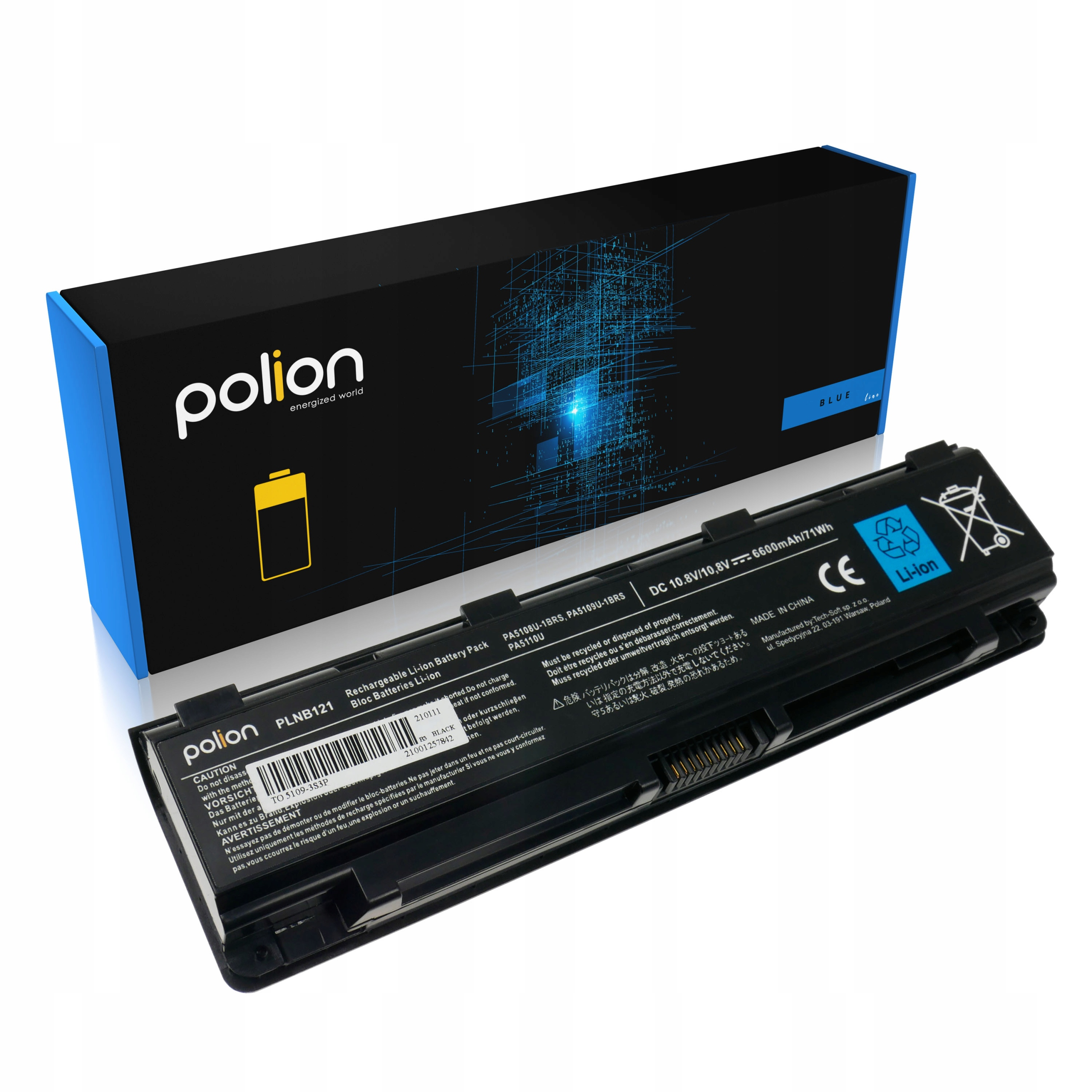 Czarny akumulator do laptopa z logo "polion" i szczegółami technicznymi.