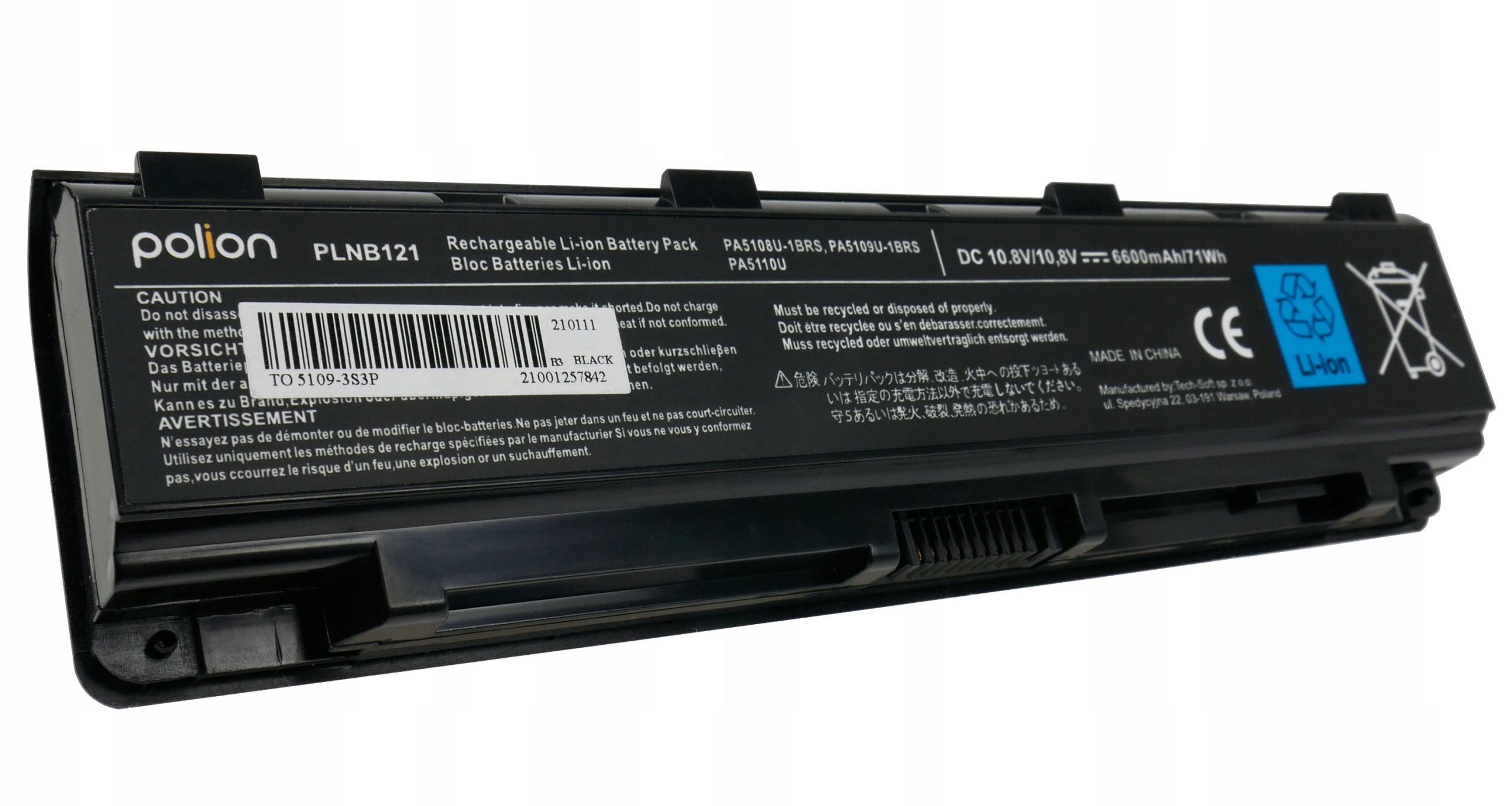 Czarna bateria litowo-jonowa Polion PLNB121, 10.8V, 6600mAh, z ostrzeżeniami.