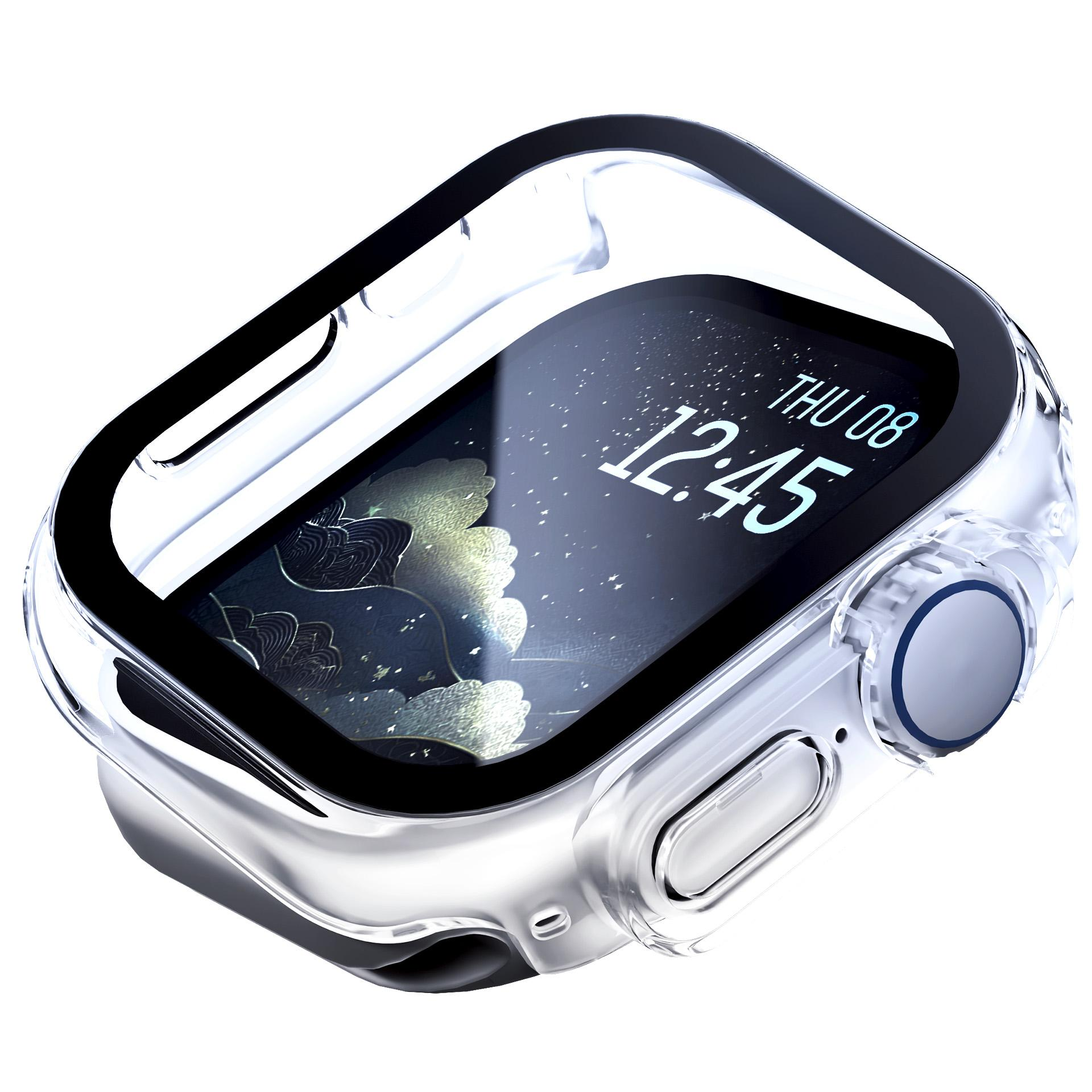 Przezroczyste etui ochronne zakrywa smartwatch wyświetlający 12:45 i kwiatową tapetę.