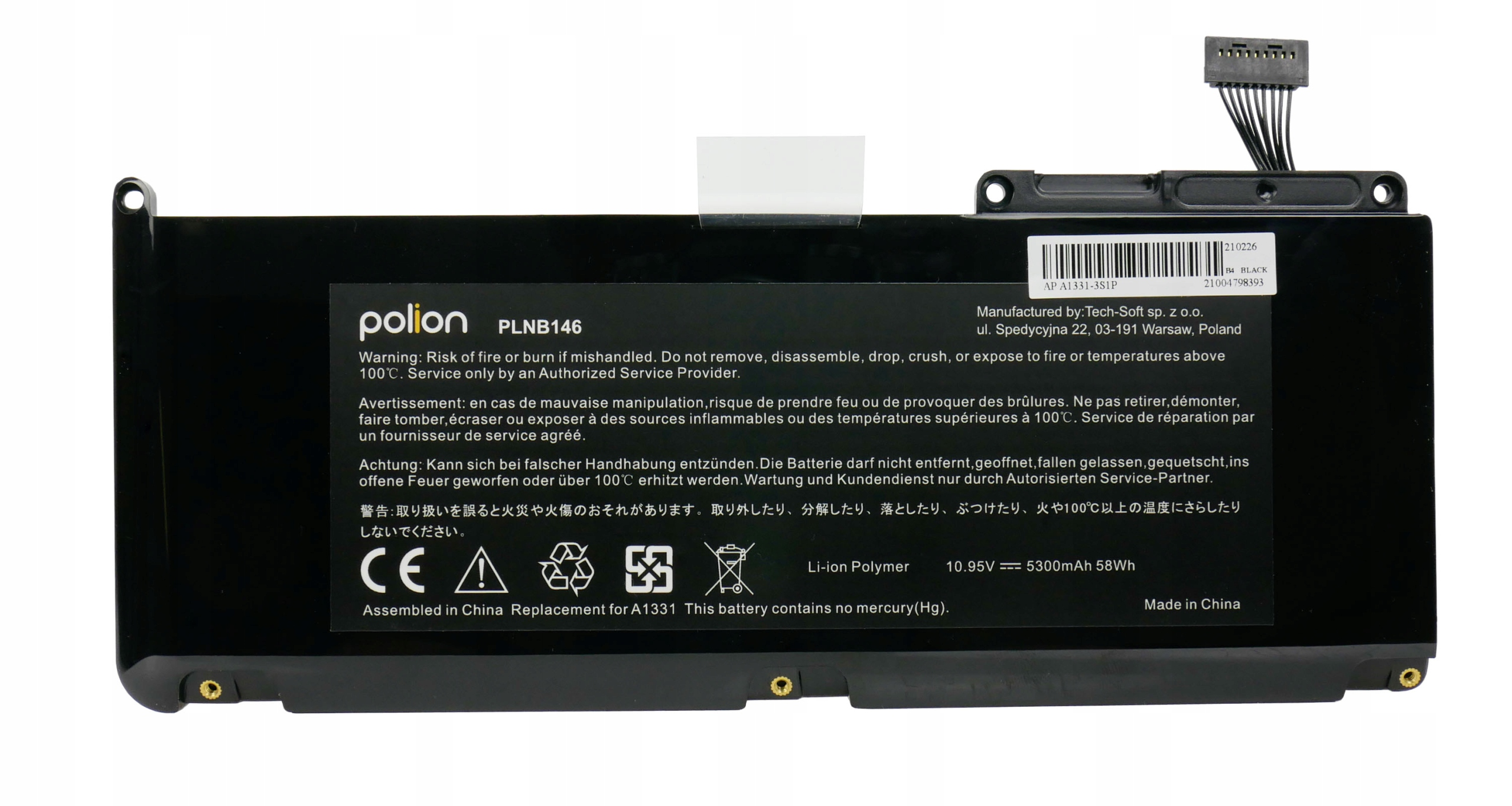 Czarna bateria Li-ion Polymer do A1331, 10.95V, 5300mAh, Made in China.