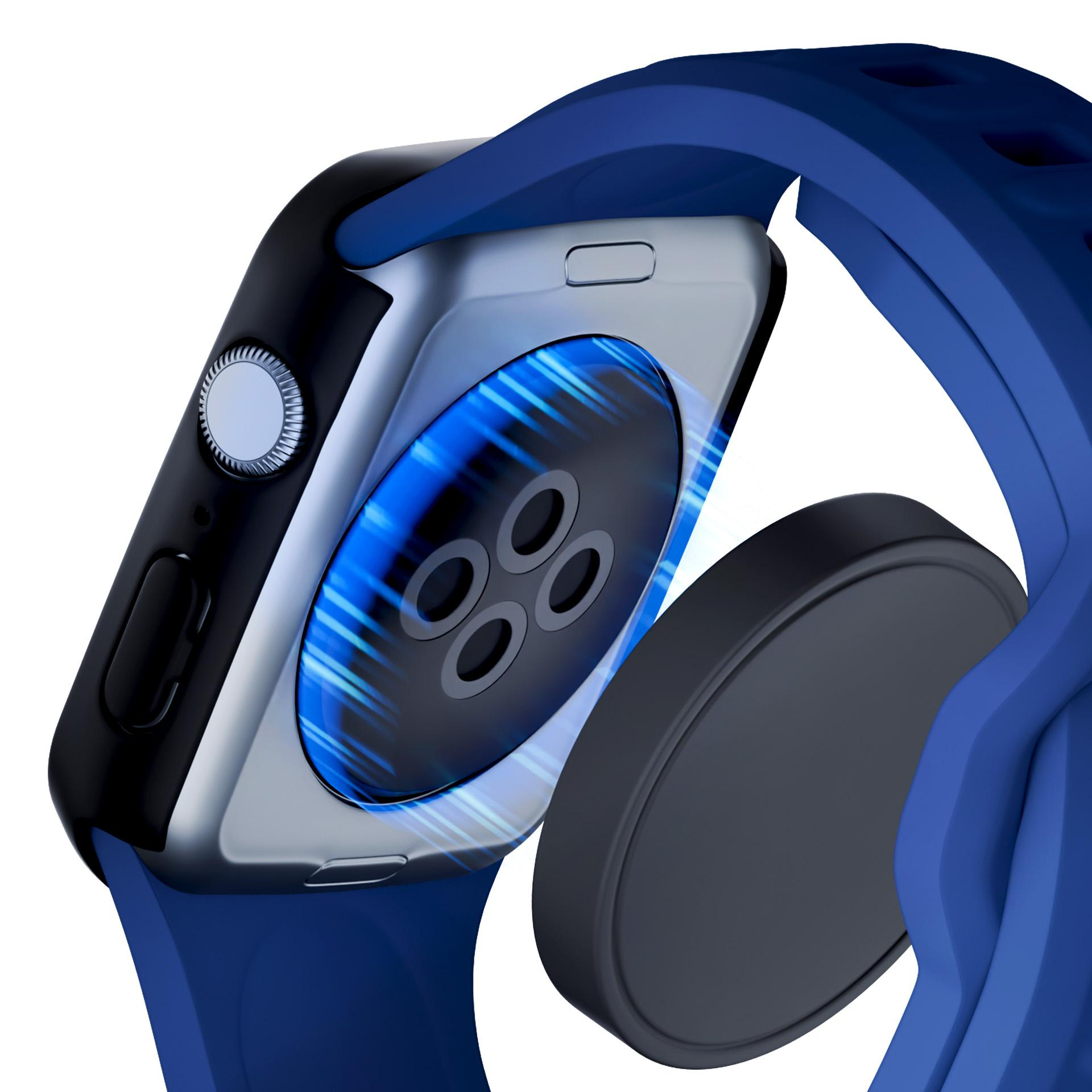 Niebieski smartwatch ze srebrną obudową i portem ładowania z tyłu.