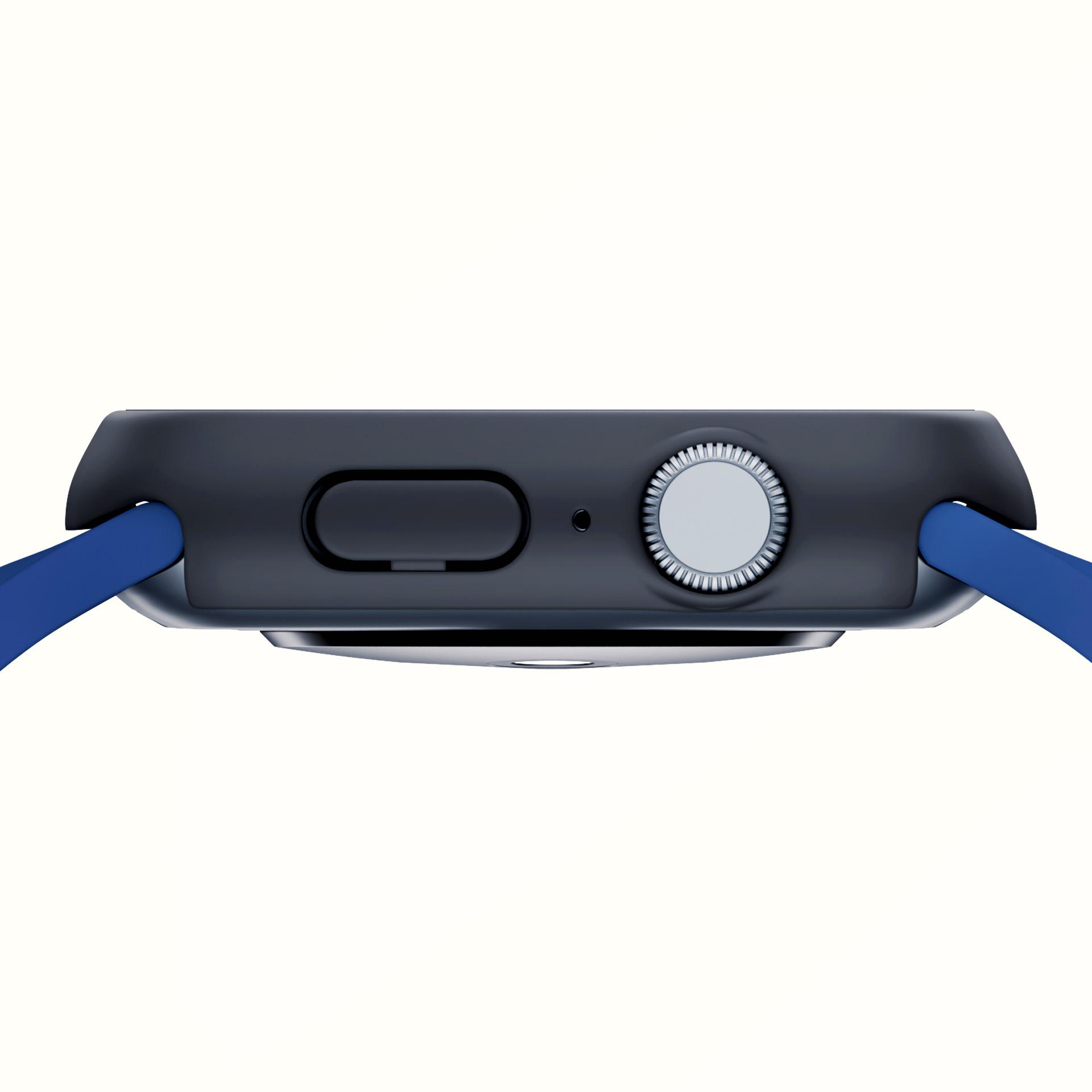 Ciemnoszare etui smartwatch z niebieskim paskiem i srebrną koroną.