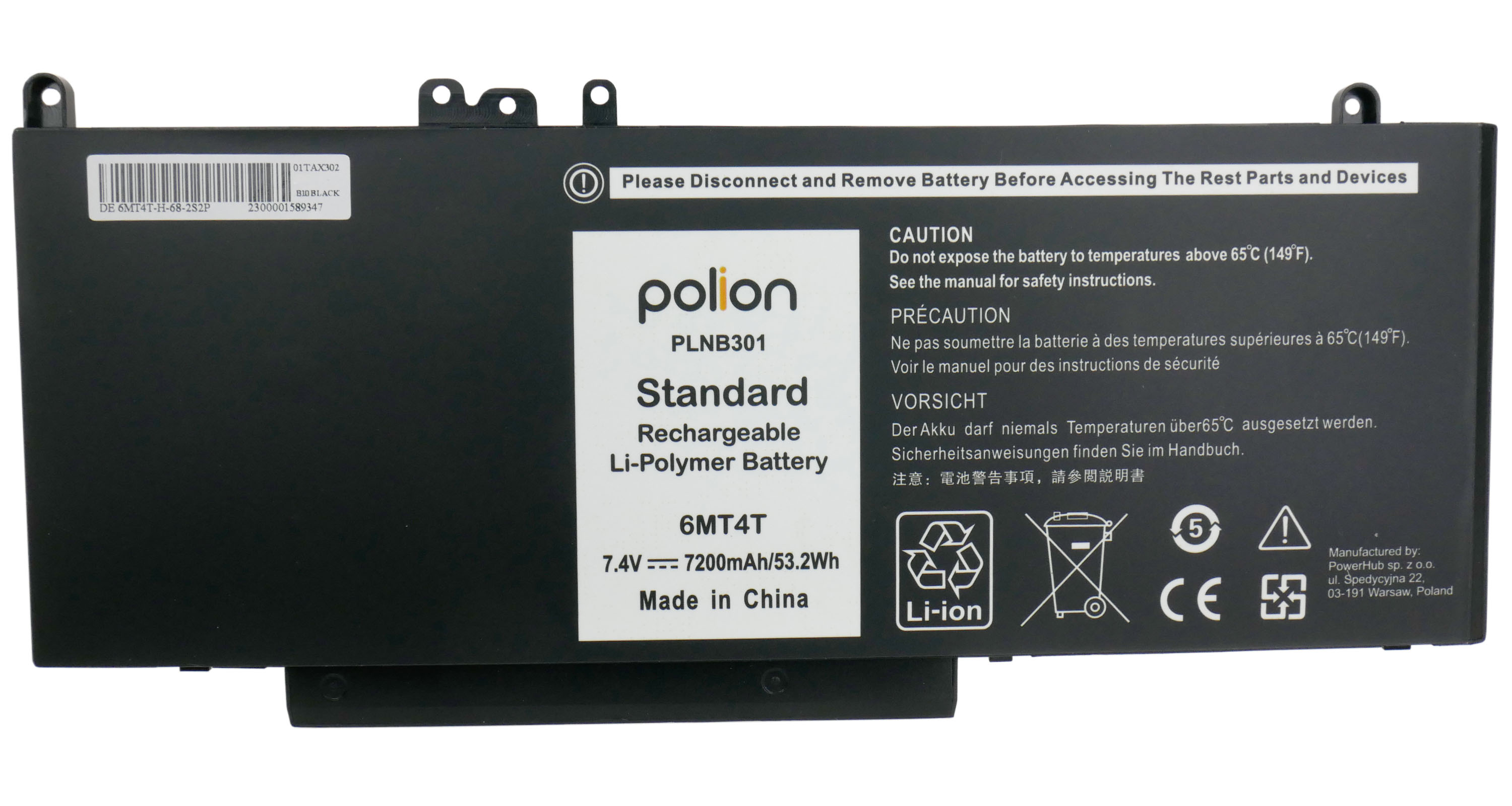 Czarna bateria do laptopa Polion, 7200mAh, Li-Polimer, Made in China.