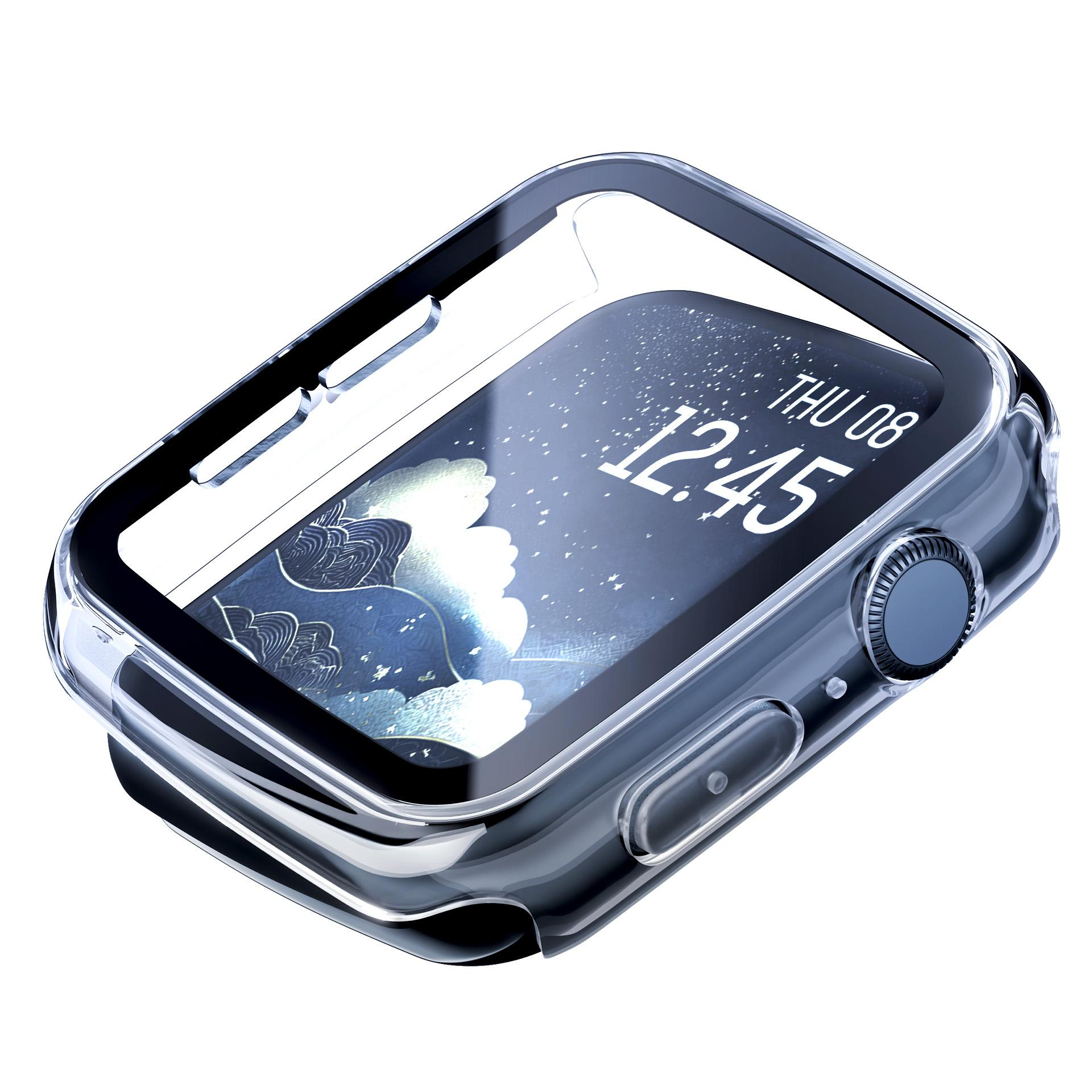 Przezroczyste etui ochronne na smartwatch z niebieską tarczą pokazującą 12:45.