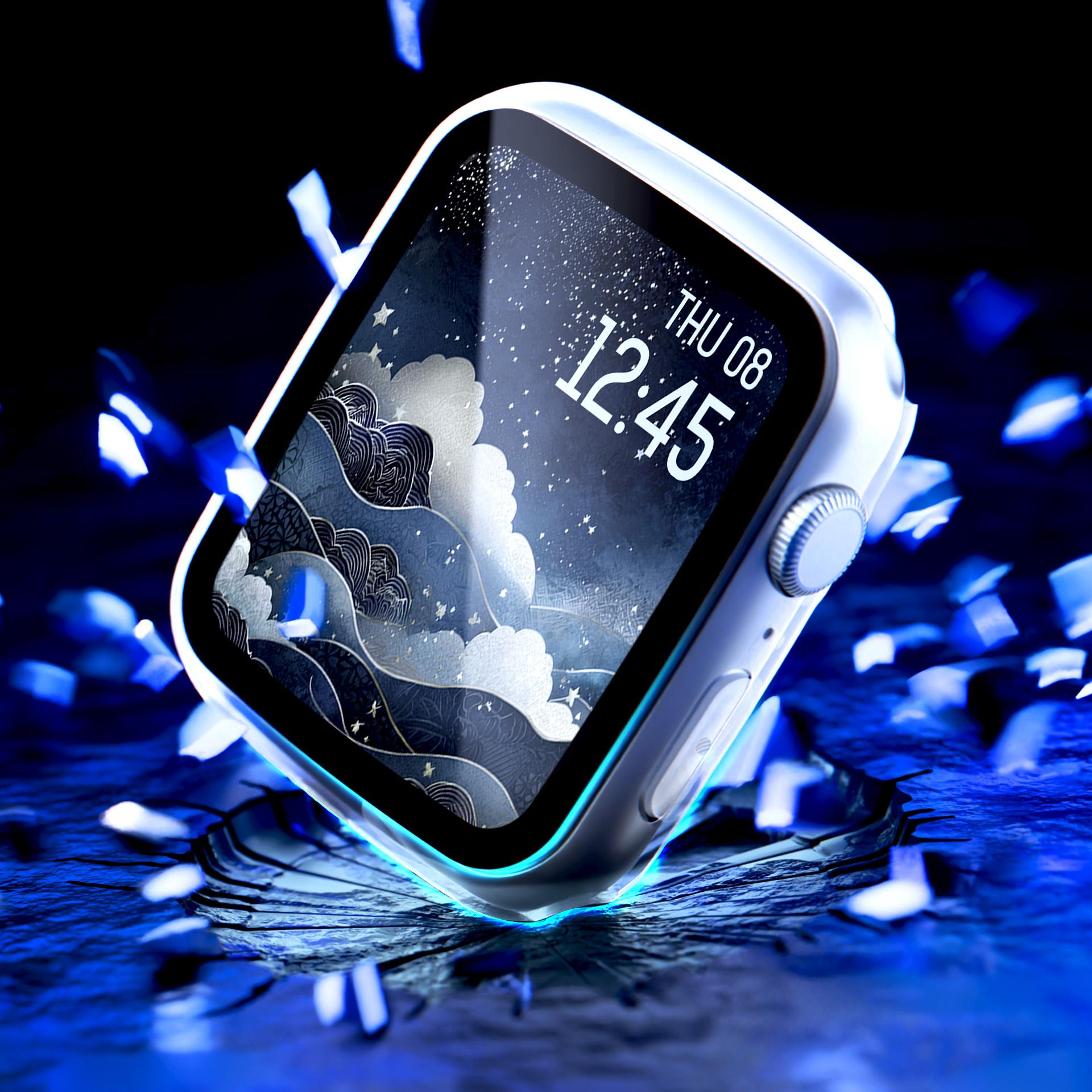Biały smartwatch przebija się przez powierzchnię z niebieskim, burzliwym tłem.