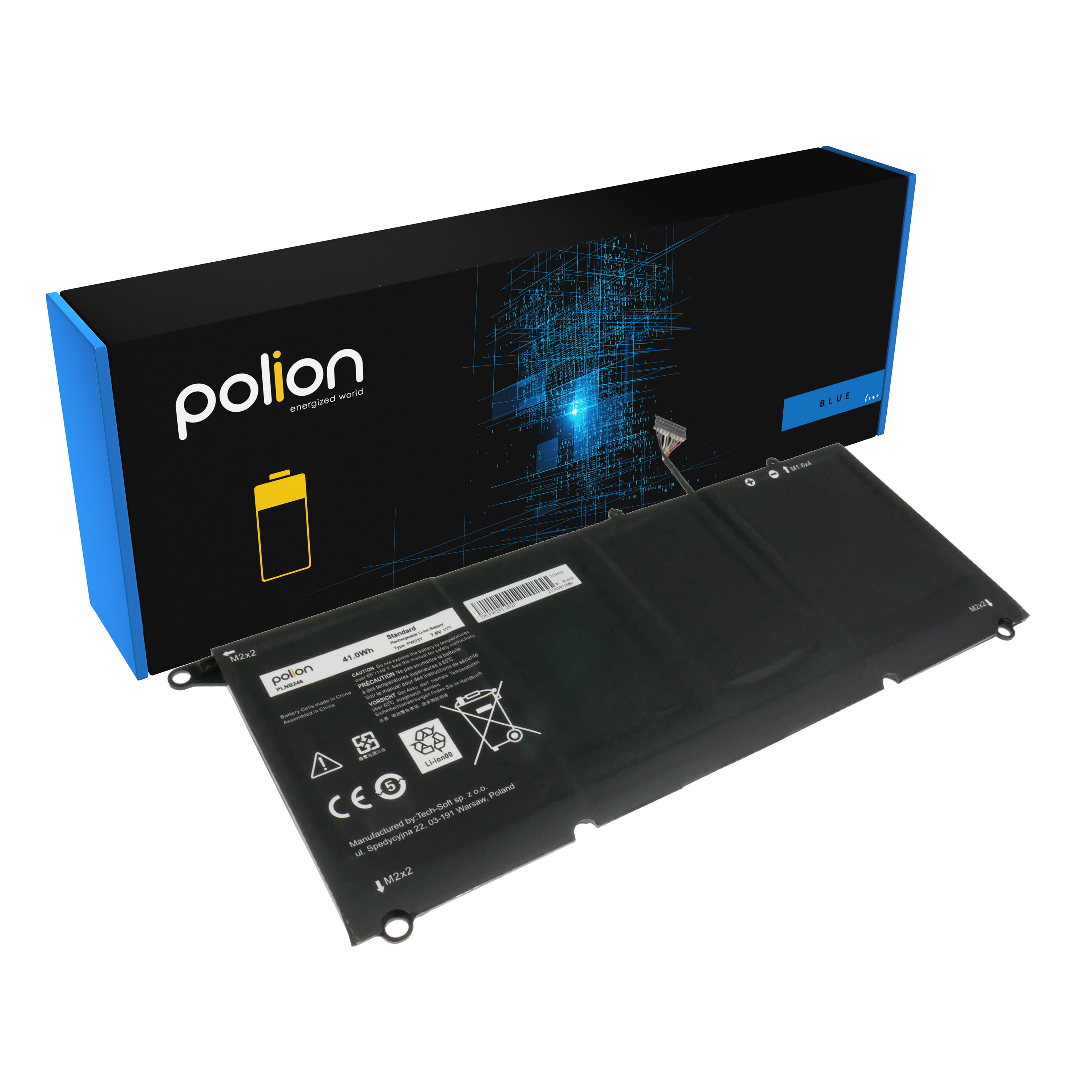 Bateria do laptopa Polion z niebieskim opakowaniem. Specyfikacje widoczne na baterii.