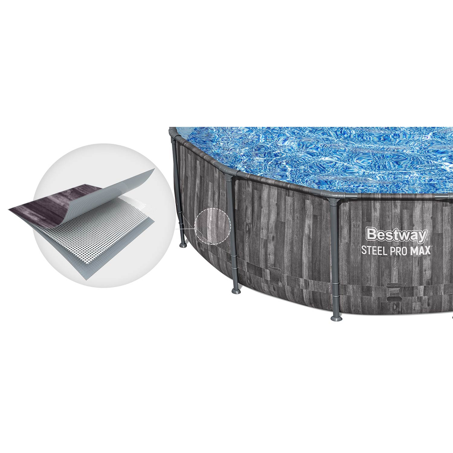 Basen naziemny o wyglądzie drewna ze szczegółem materiału. Bestway Steel Pro Max.