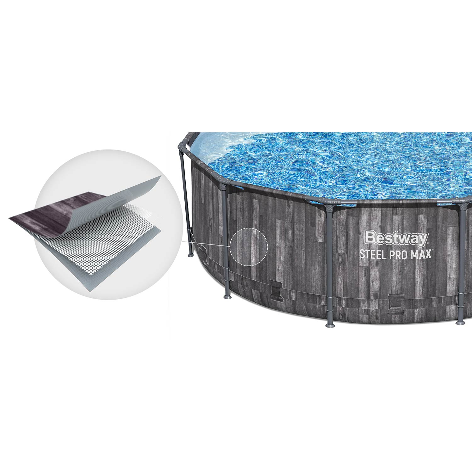 Basen Bestway Steel Pro Max z drewnopodobnym wykończeniem i detalami.