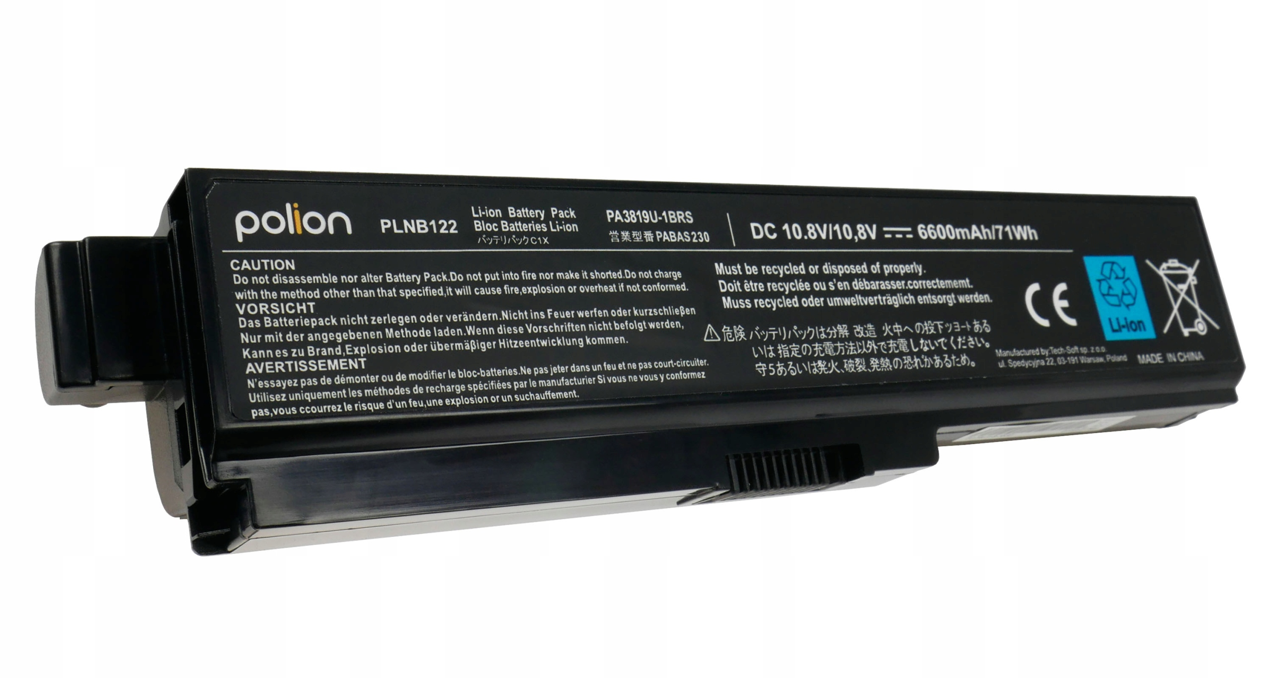 Czarna bateria Li-ion, model PLNB122, 10.8V, 6600mAh, z ostrzeżeniami.