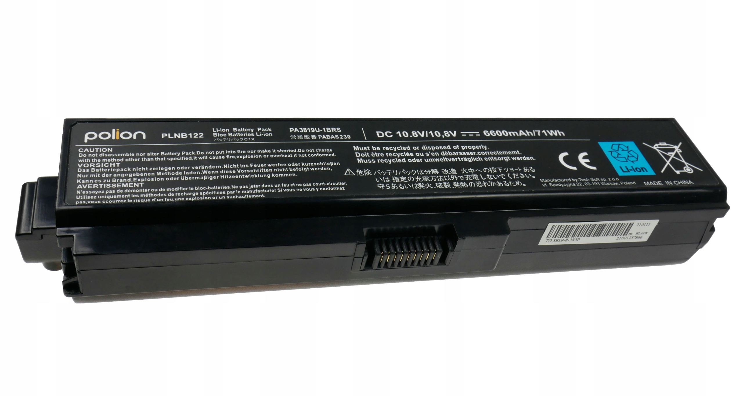 Czarny akumulator Li-ion, 6600mAh/71Wh, z ostrzeżeniami i danymi producenta.
