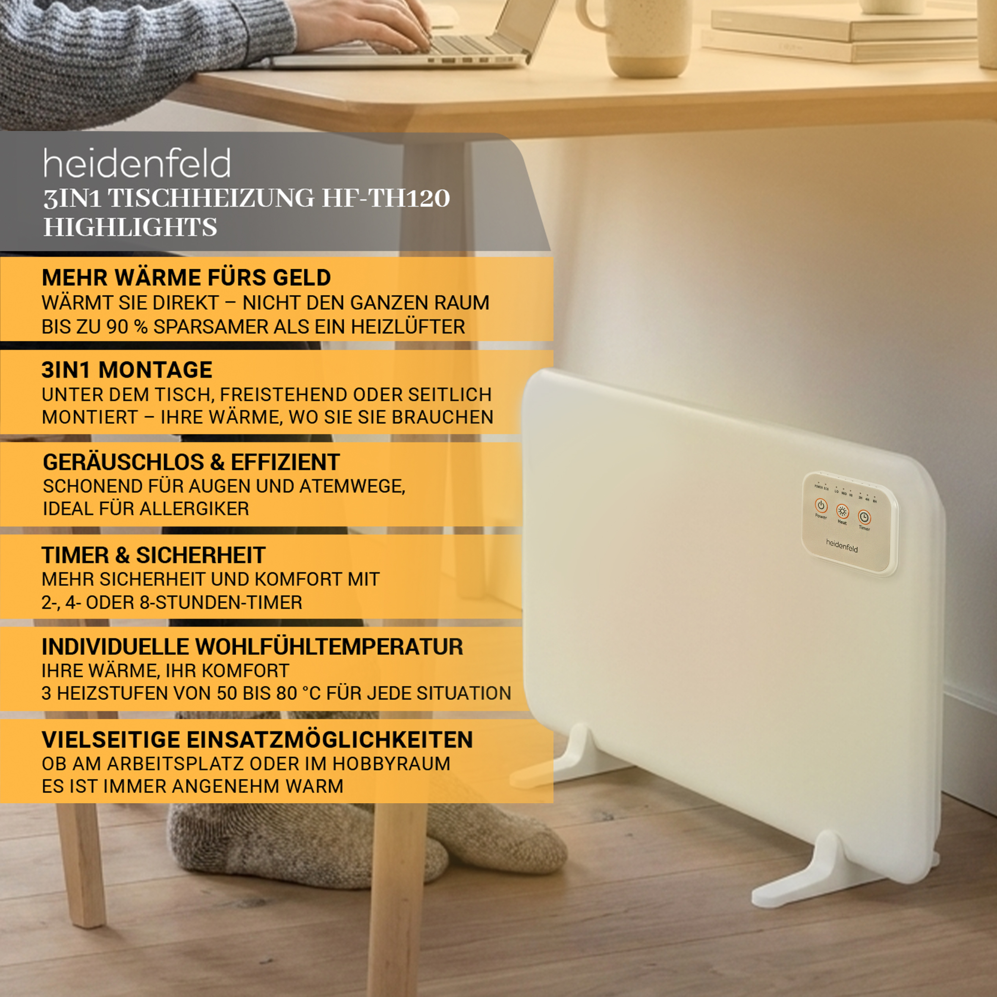 Ein weißer Heizkörper mit Bedienelementen und Text. Ein Laptop und eine Tasse auf einem Tisch.