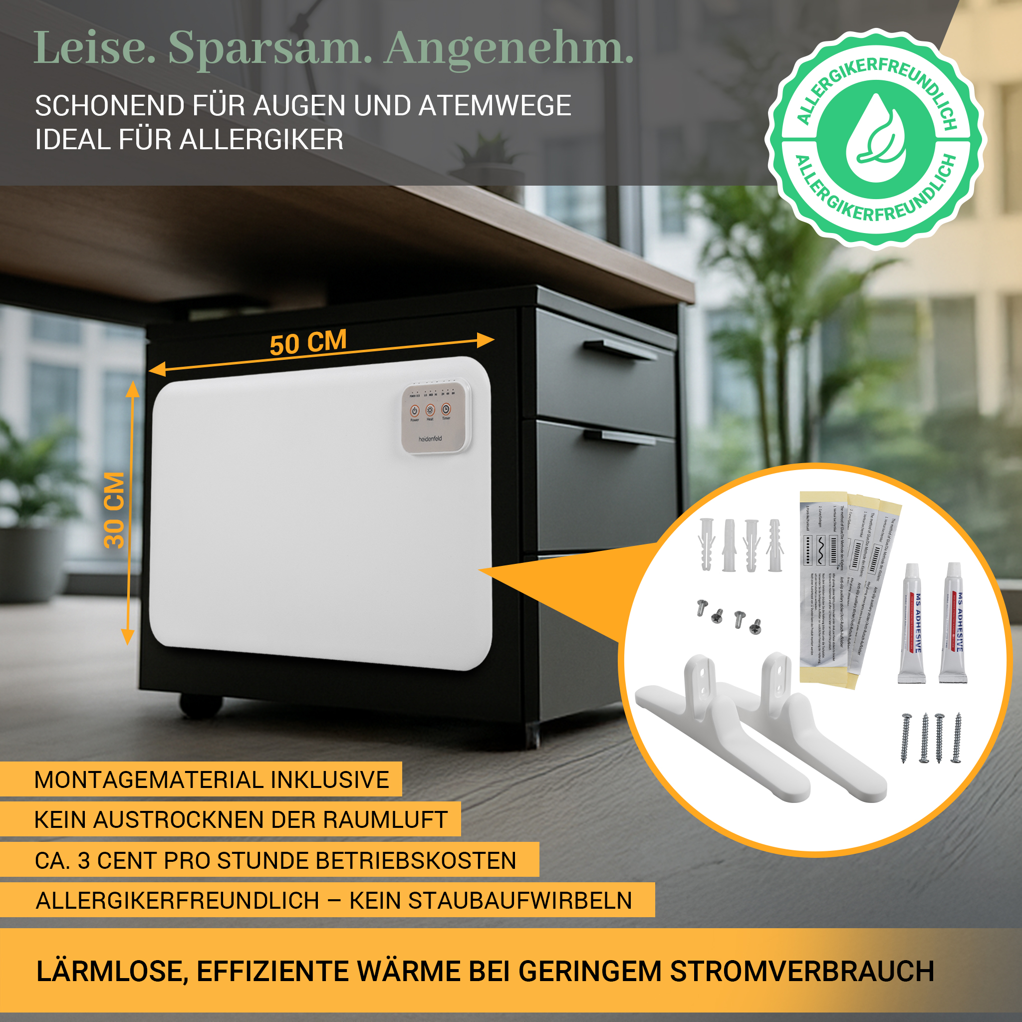 Ein weißer Heizkörper ist unter einem Schreibtisch montiert. Montagezubehör ist daneben abgebildet.