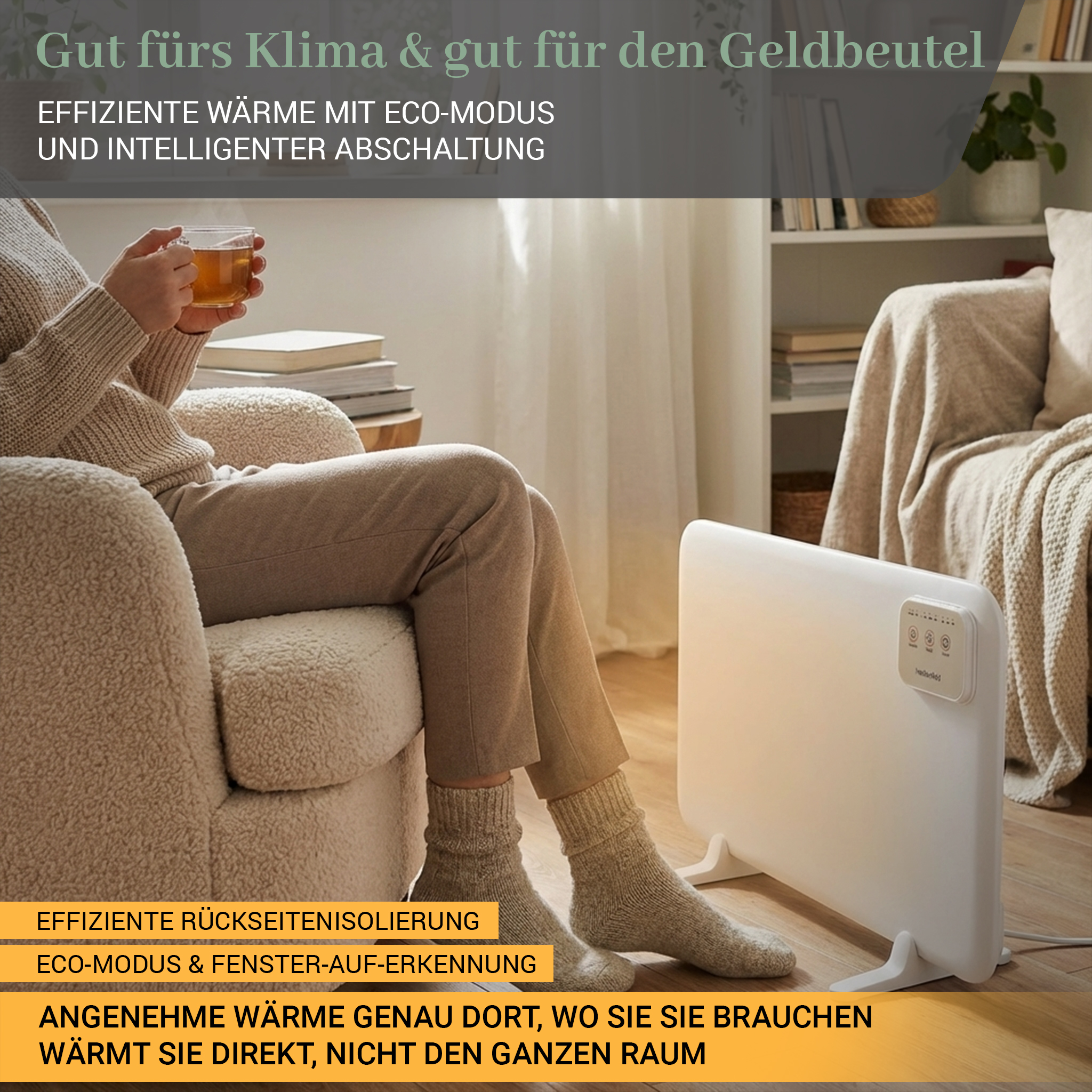 Eine Person sitzt auf einem Sessel vor einem Heizkörper und hält eine Tasse Tee.