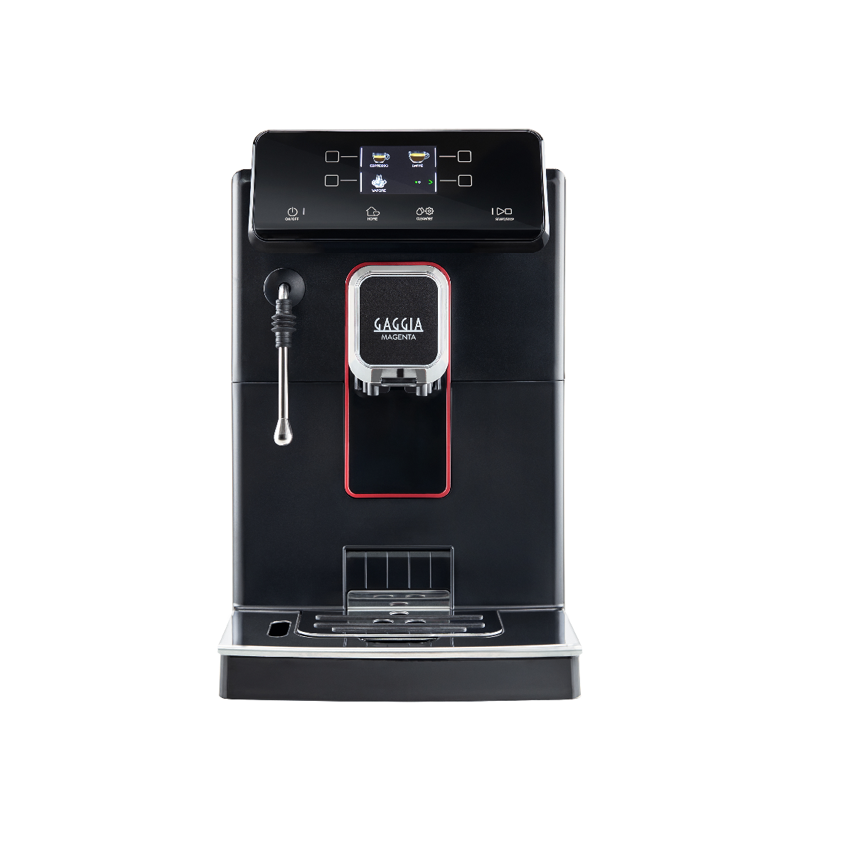 Eine schwarze Gaggia Magenta Espressomaschine mit Touchscreen-Bedienfeld und Dampfdüse.