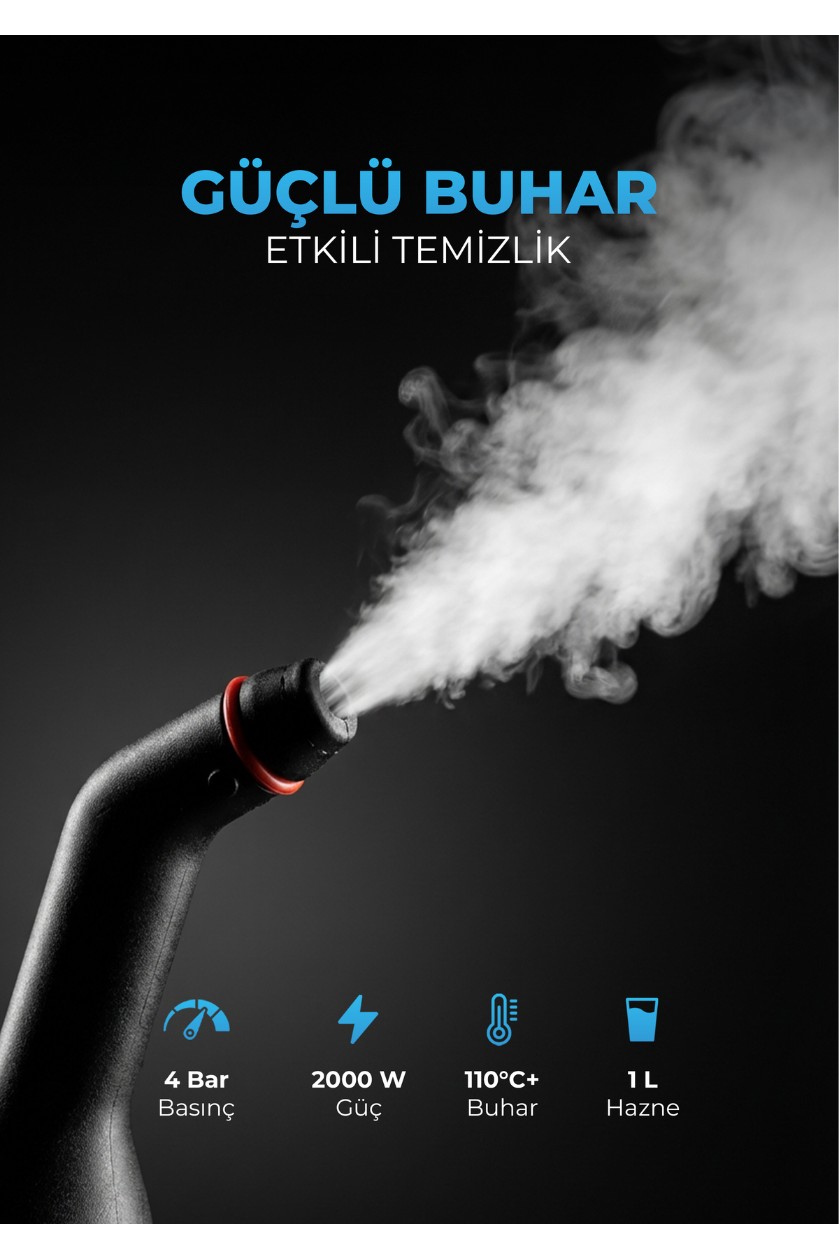 Buharlı temizleyici buhar püskürtüyor. Özellikler: 4 Bar, 2000W, 110°C+, 1L.