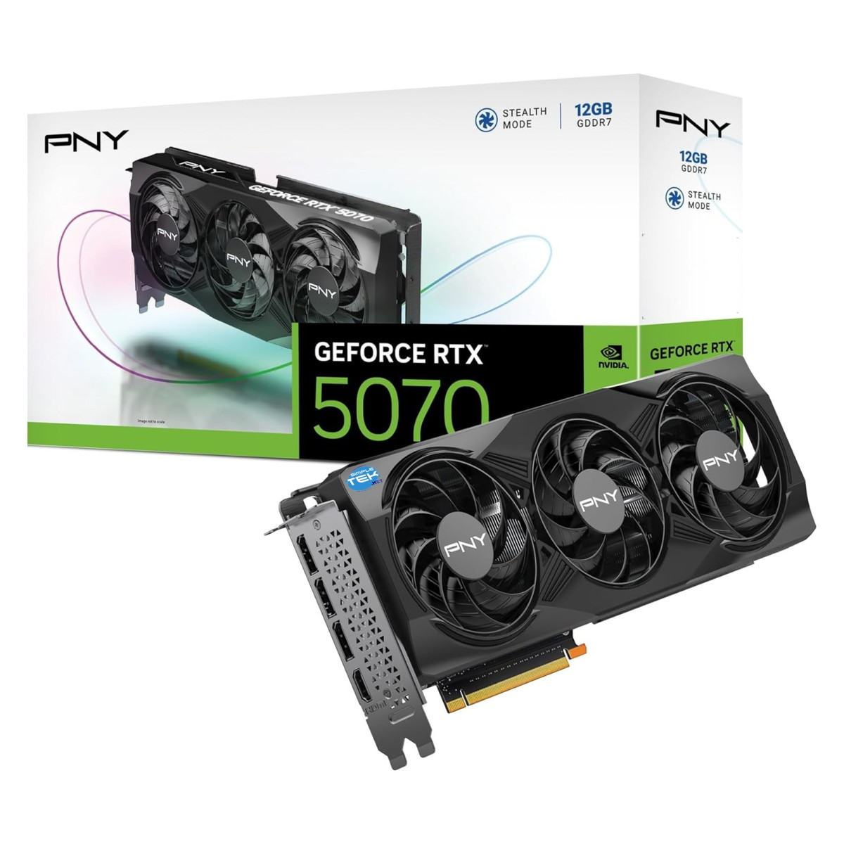 Scheda grafica PNY GeForce RTX 5070 con 12GB GDDR7 e tripla ventola accanto alla sua scatola.