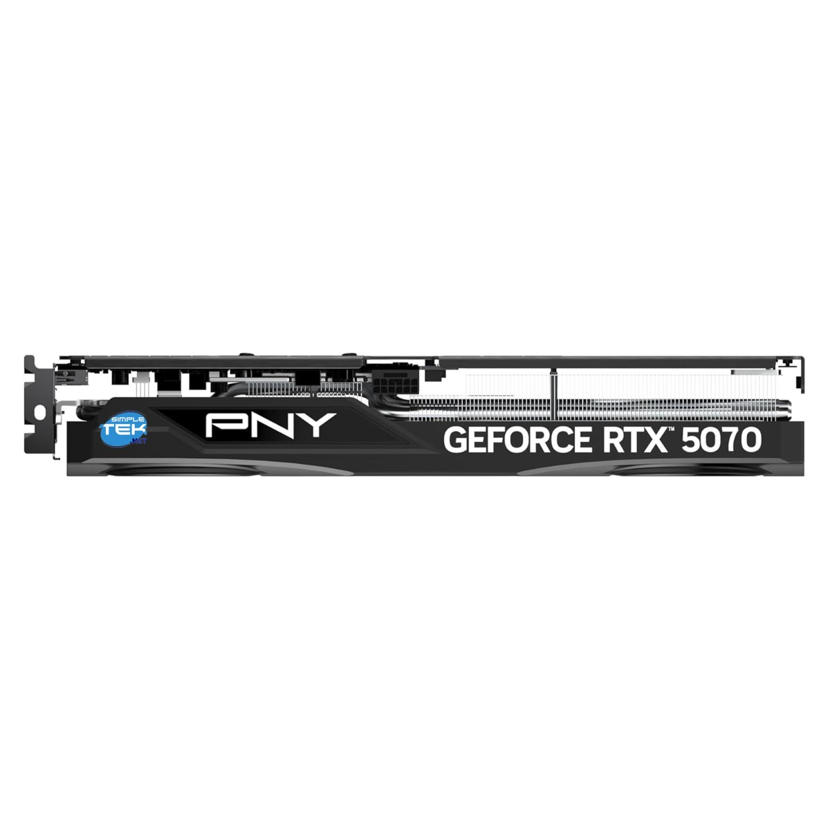 Scheda grafica PNY GeForce RTX 5070 con ventole e connettori.