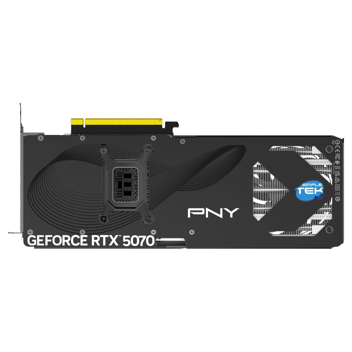 Scheda grafica PNY GeForce RTX 5070 nera con loghi PNY e SimpleTek.