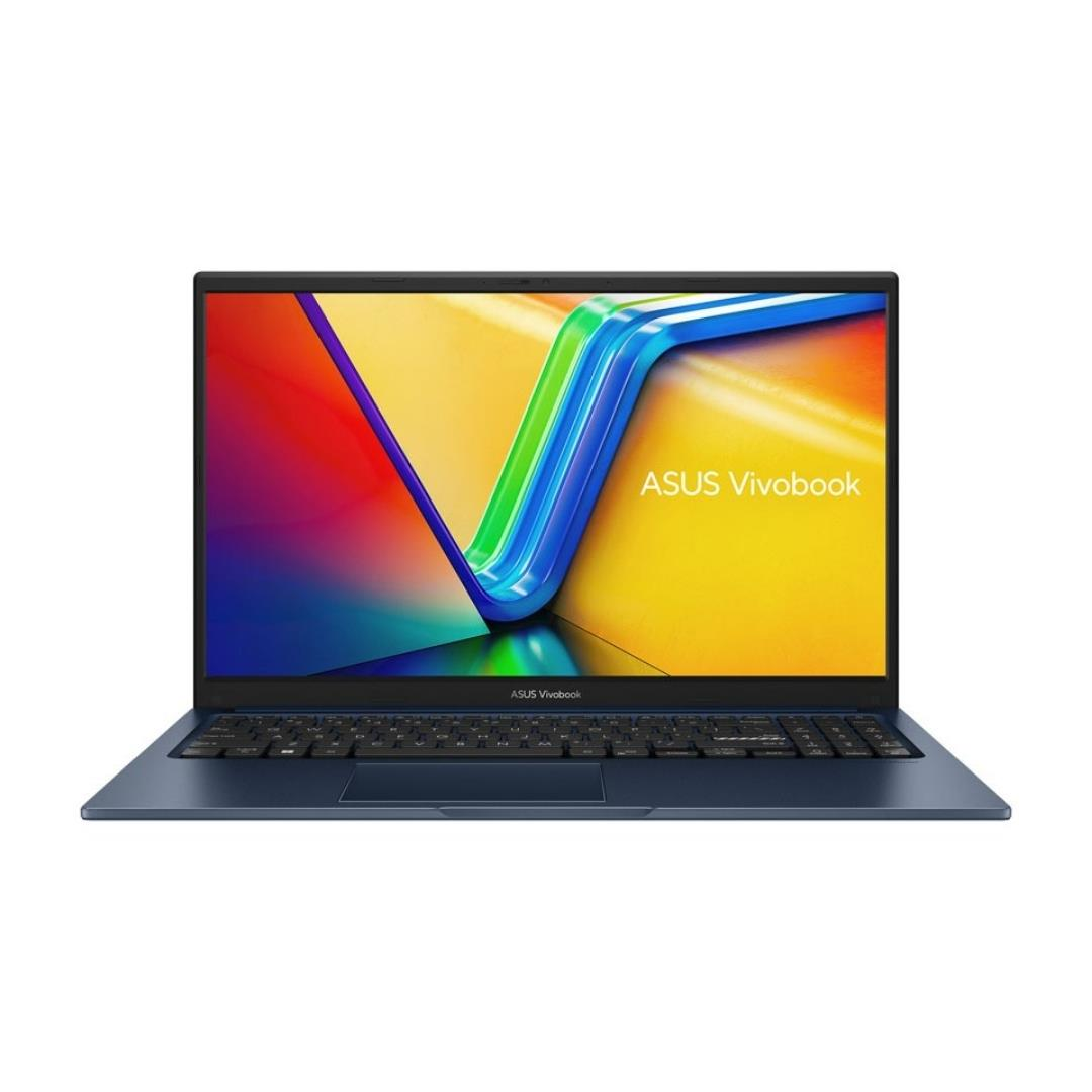 Ekranında renkli duvar kağıdı olan açık mavi bir ASUS Vivobook dizüstü bilgisayar.