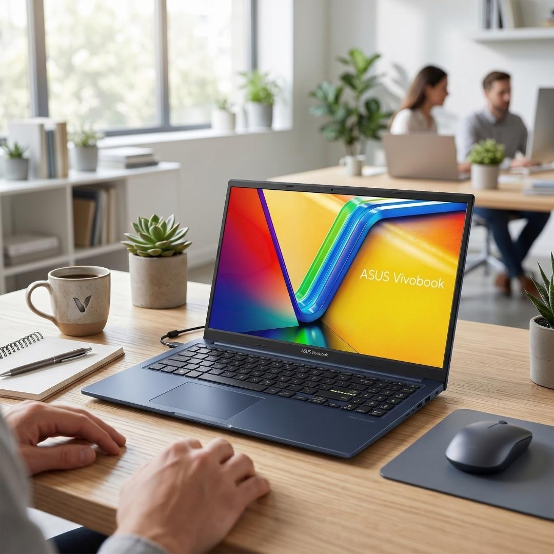 Ahşap bir masada mavi Asus Vivobook dizüstü bilgisayar, kahve fincanı ve not defteri.
