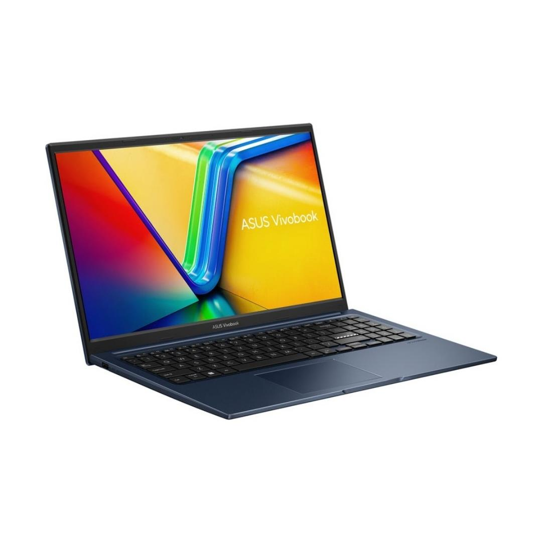 Beyaz arka plan üzerinde aydınlık ekrana sahip mavi bir ASUS Vivobook dizüstü bilgisayar.