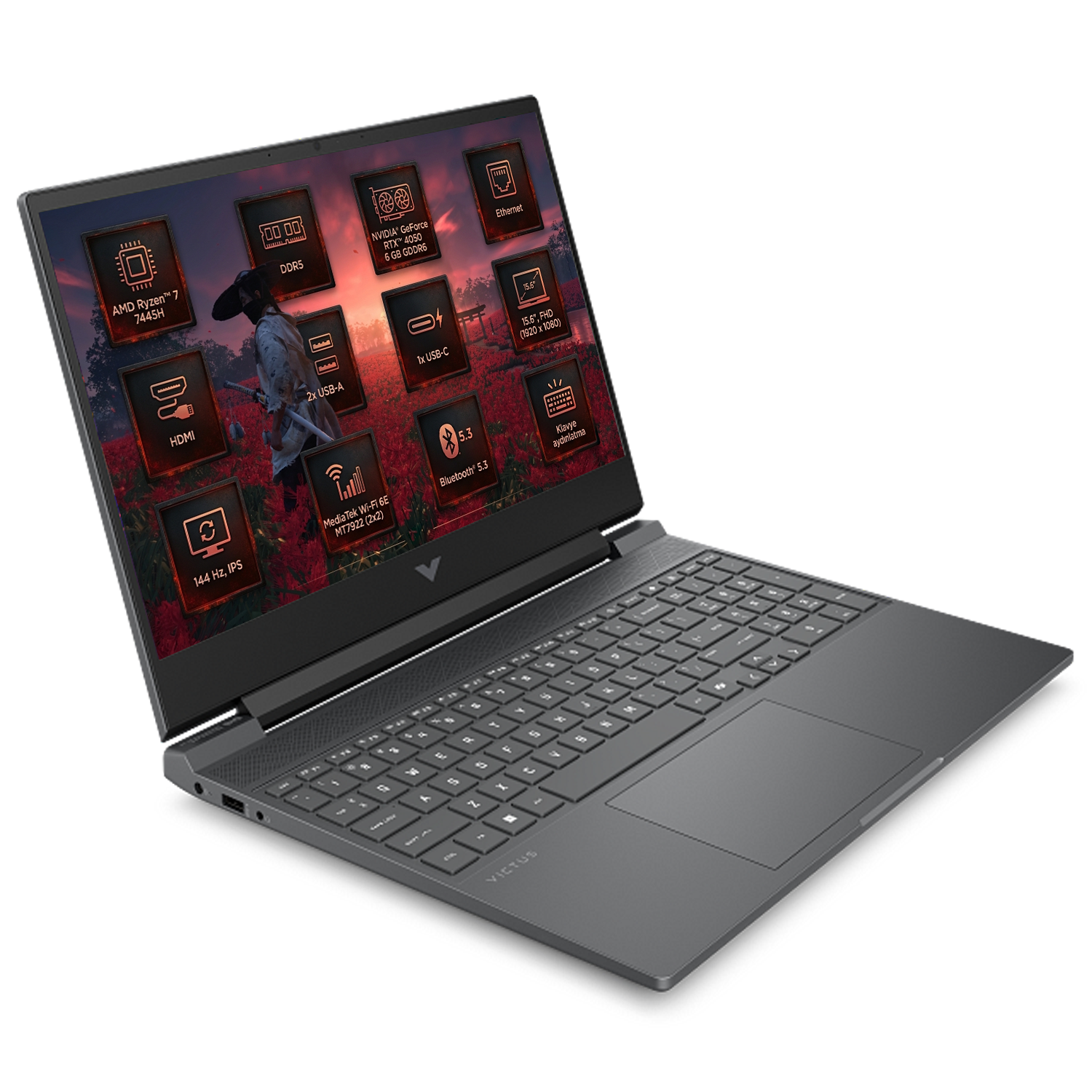 Koyu gri HP Victus dizüstü bilgisayar açık, Ryzen 7, RTX 4050, 144Hz gibi özellikler gösteriyor.