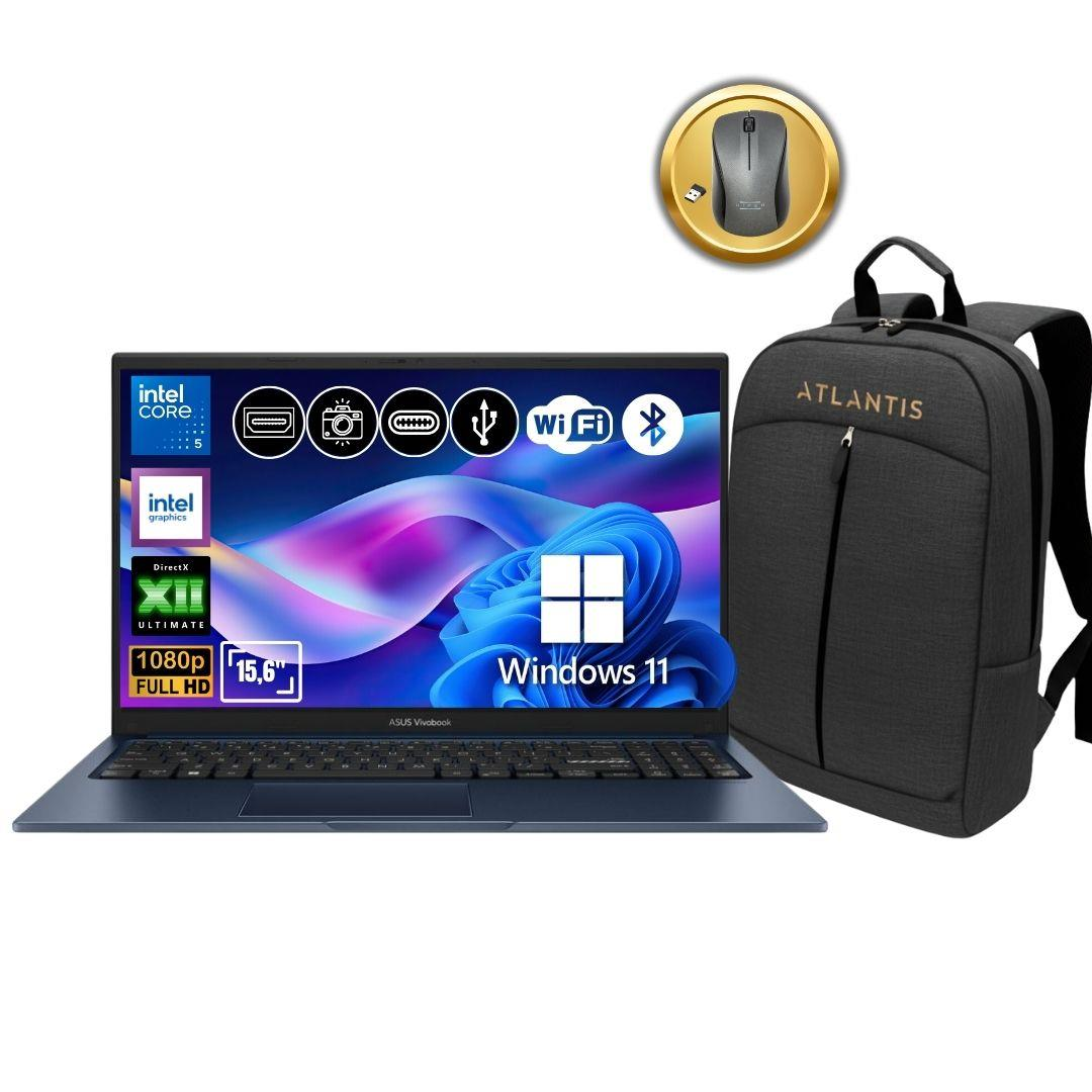 Intel Core i5 işlemcili, 15,6 inç, 1080p, Windows 11 dizüstü bilgisayar, fare ve sırt çantası.