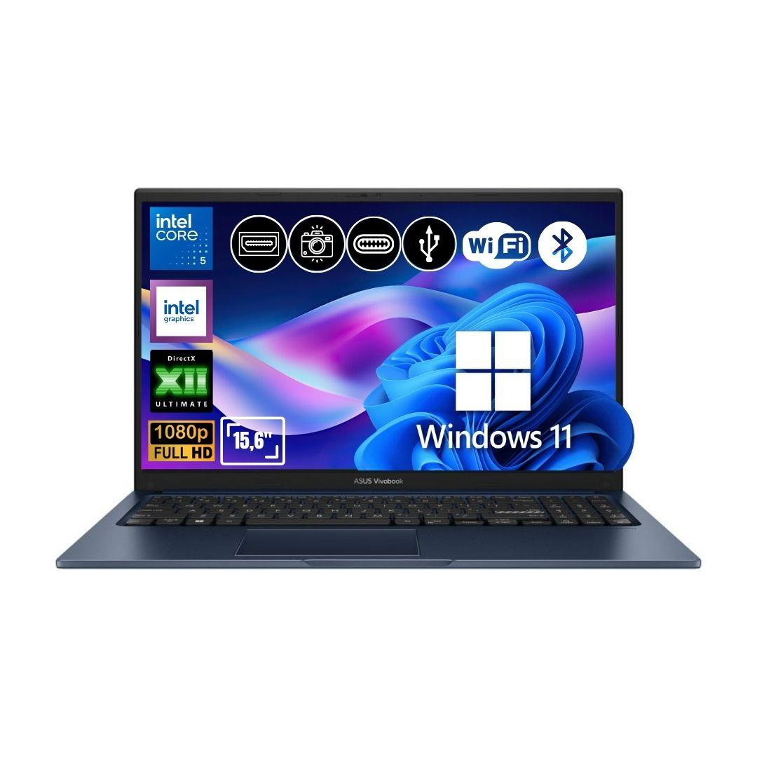 Mavi bir ASUS Vivobook dizüstü bilgisayar, Windows 11, Intel Core i5, 1080p Full HD, 15,6 inç ekranı gösteriyor.