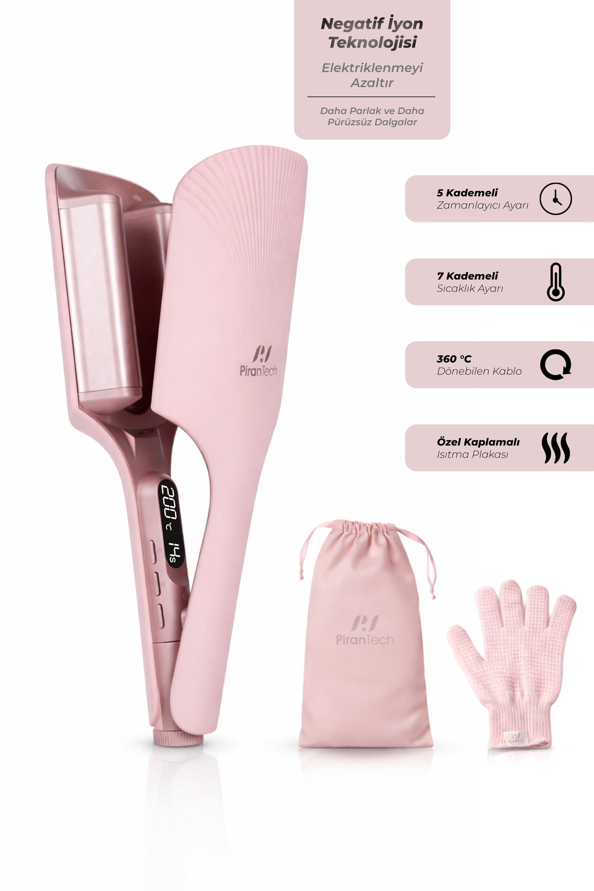 Pembe saç düzleştirici ve aksesuarları: kese ve eldiven. Ekran 200°C gösteriyor.