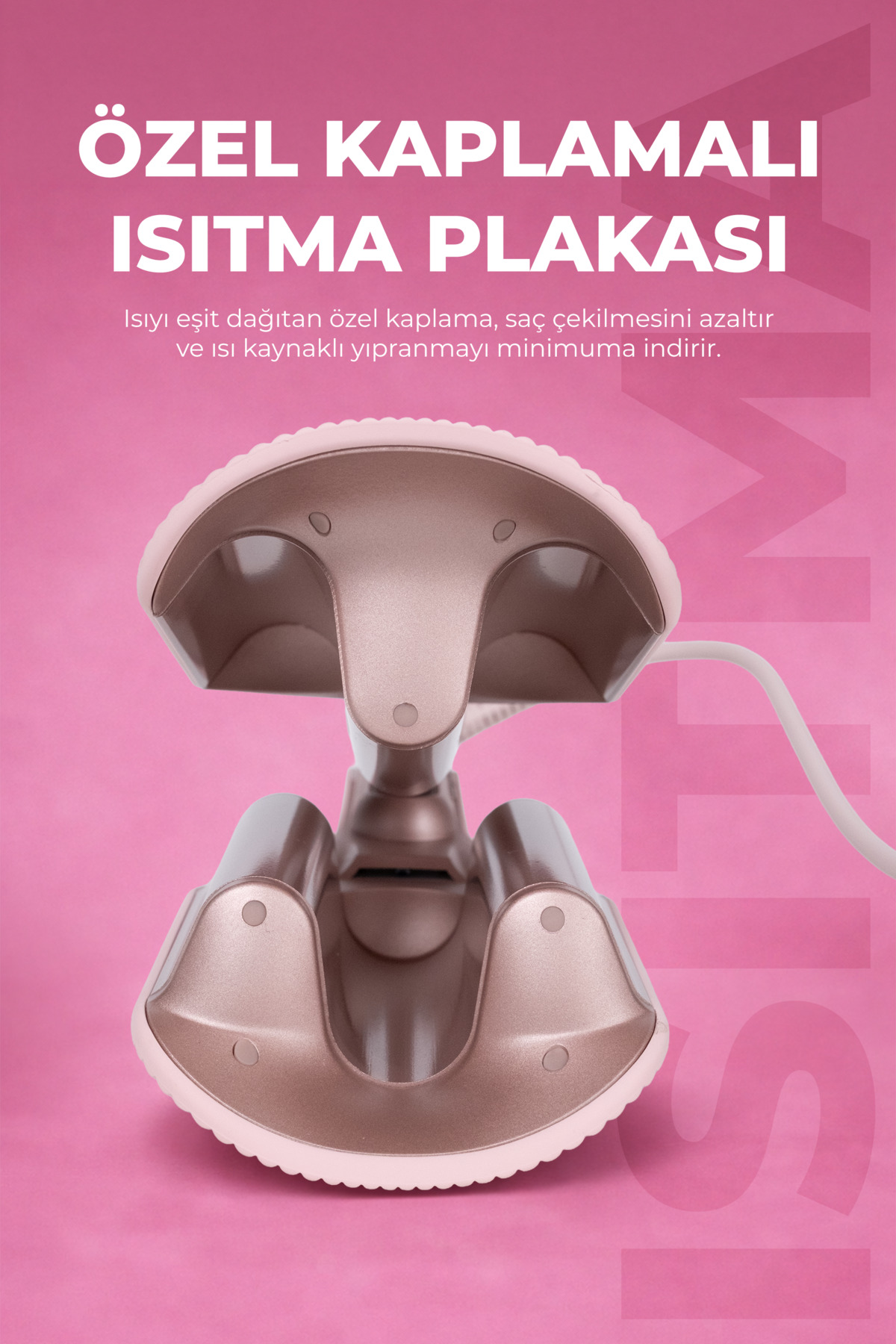 Pembe arka plan üzerinde özel kaplamalı, rose gold rengi saç düzleştirici.