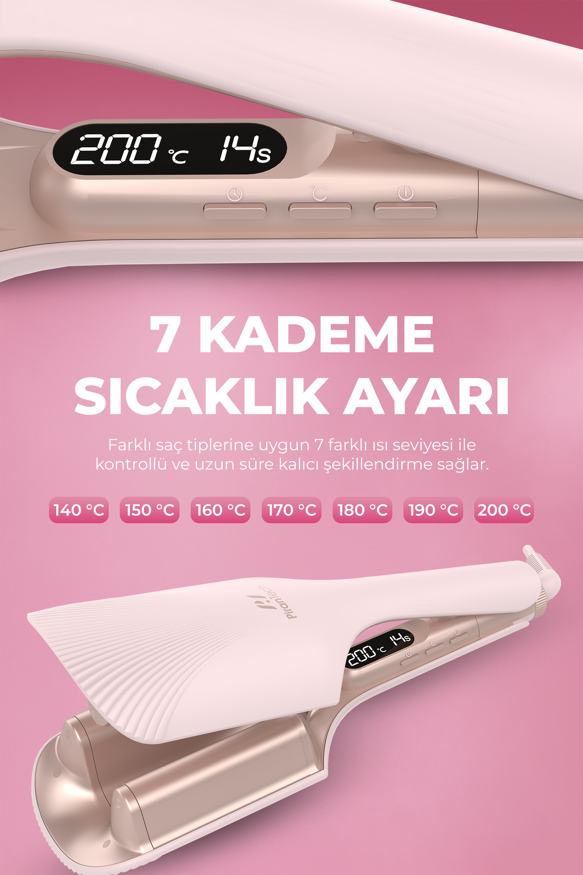 200°C ve 14s gösteren dijital ekranlı pembe ve altın rengi saç maşası.