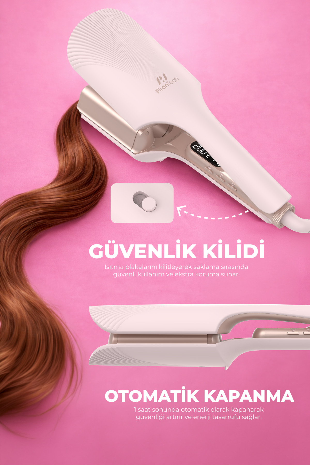 Altın aksesuarlı beyaz saç düzleştirici pembe fon. Saçın bir kısmı şekillendiriliyor.