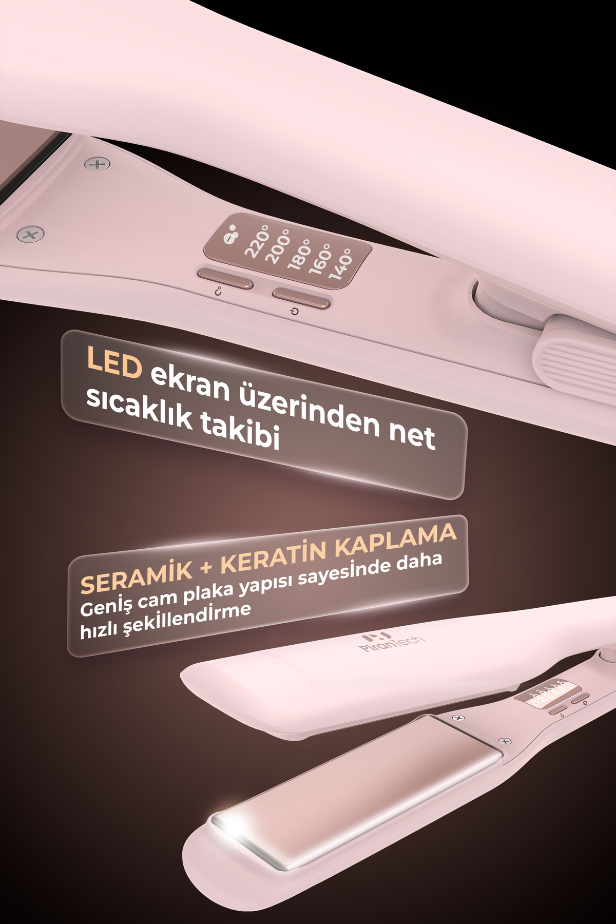 LED ekranlı ve seramik plakalı pembe saç düzleştirici.