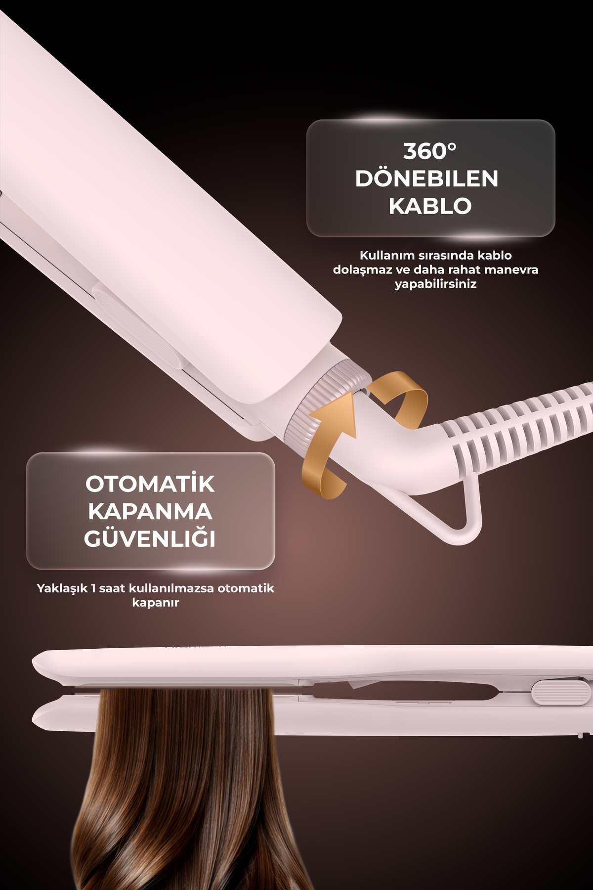 360° dönebilen kablolu ve otomatik kapanmalı beyaz saç düzleştirici gösteriliyor.