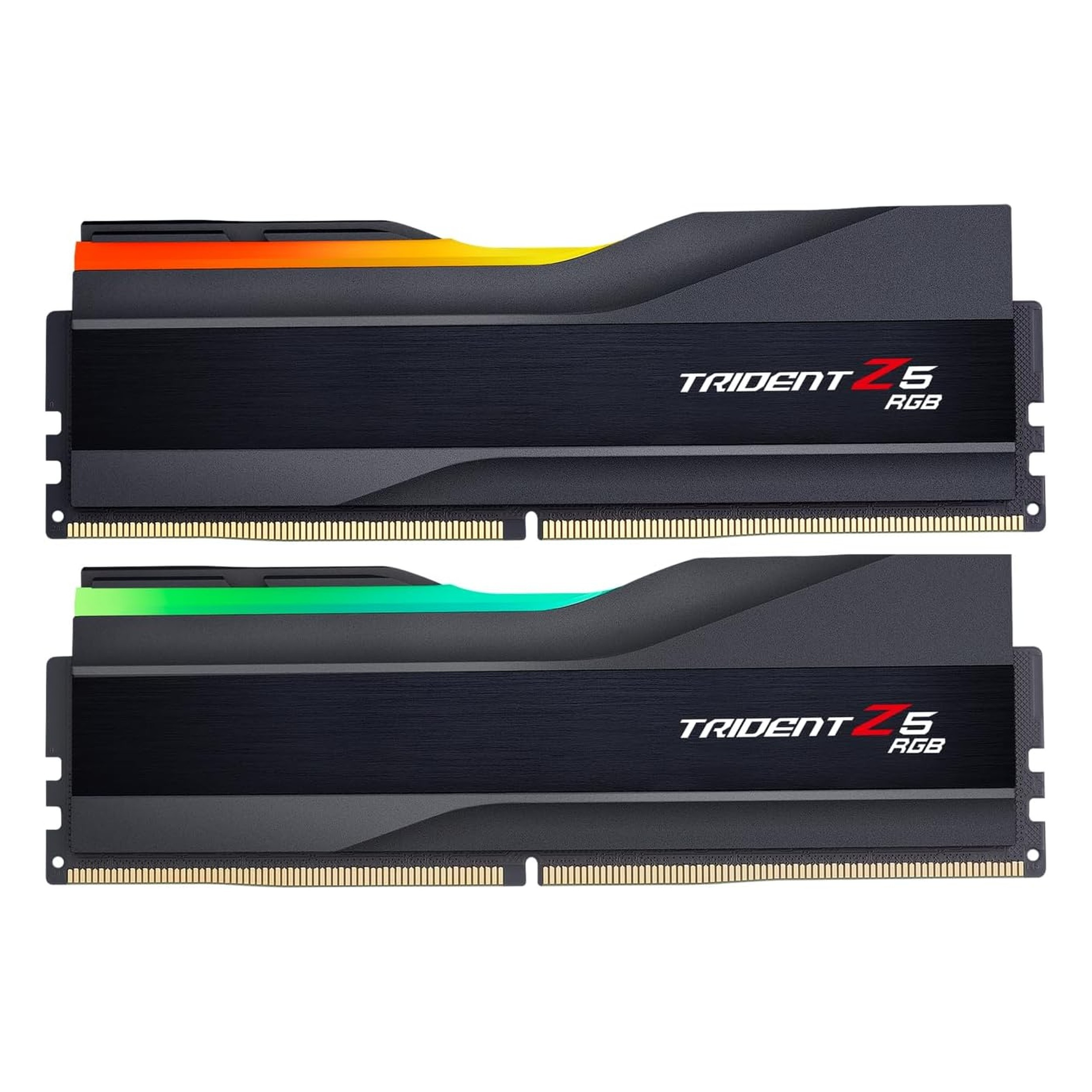 Due moduli RAM neri con illuminazione RGB arancione e verde.