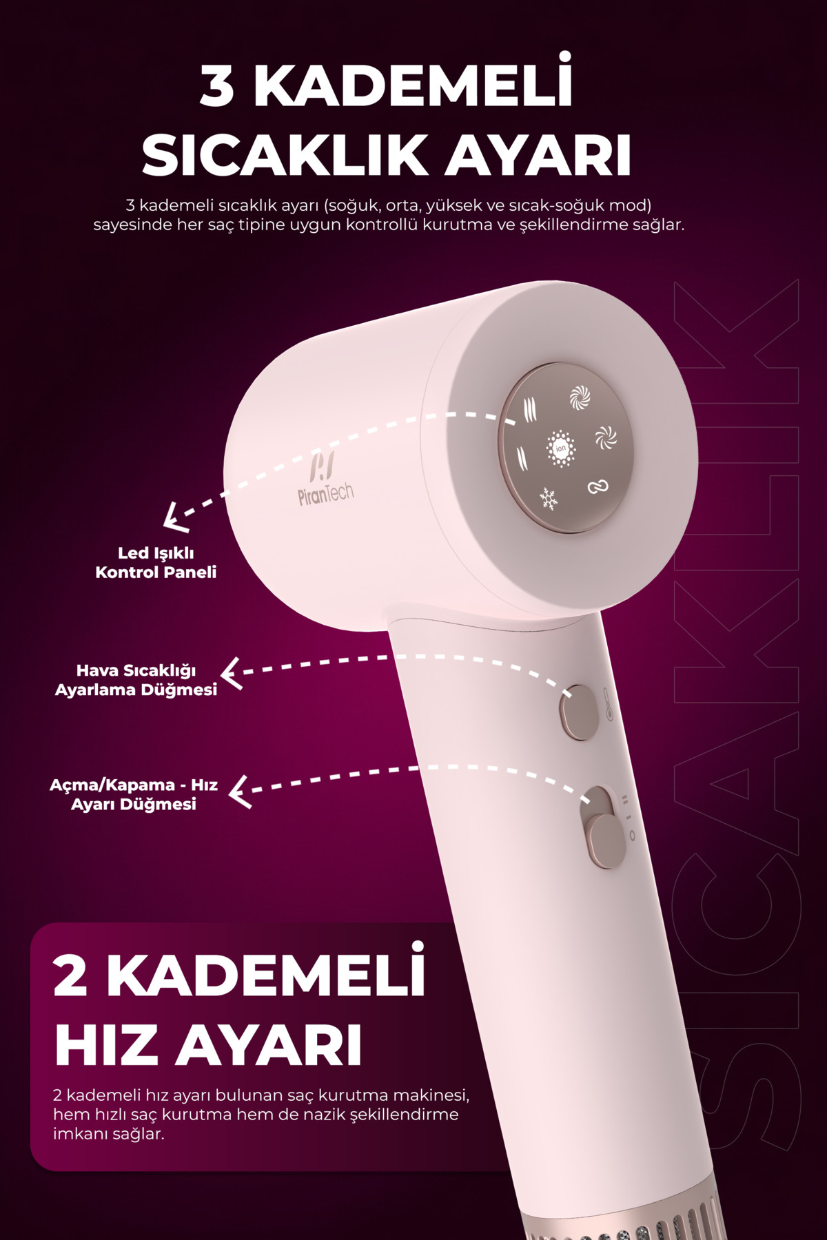 Kontroller ve metinli pembe saç kurutma makinesi. 3 ısı ayarı, 2 hız.