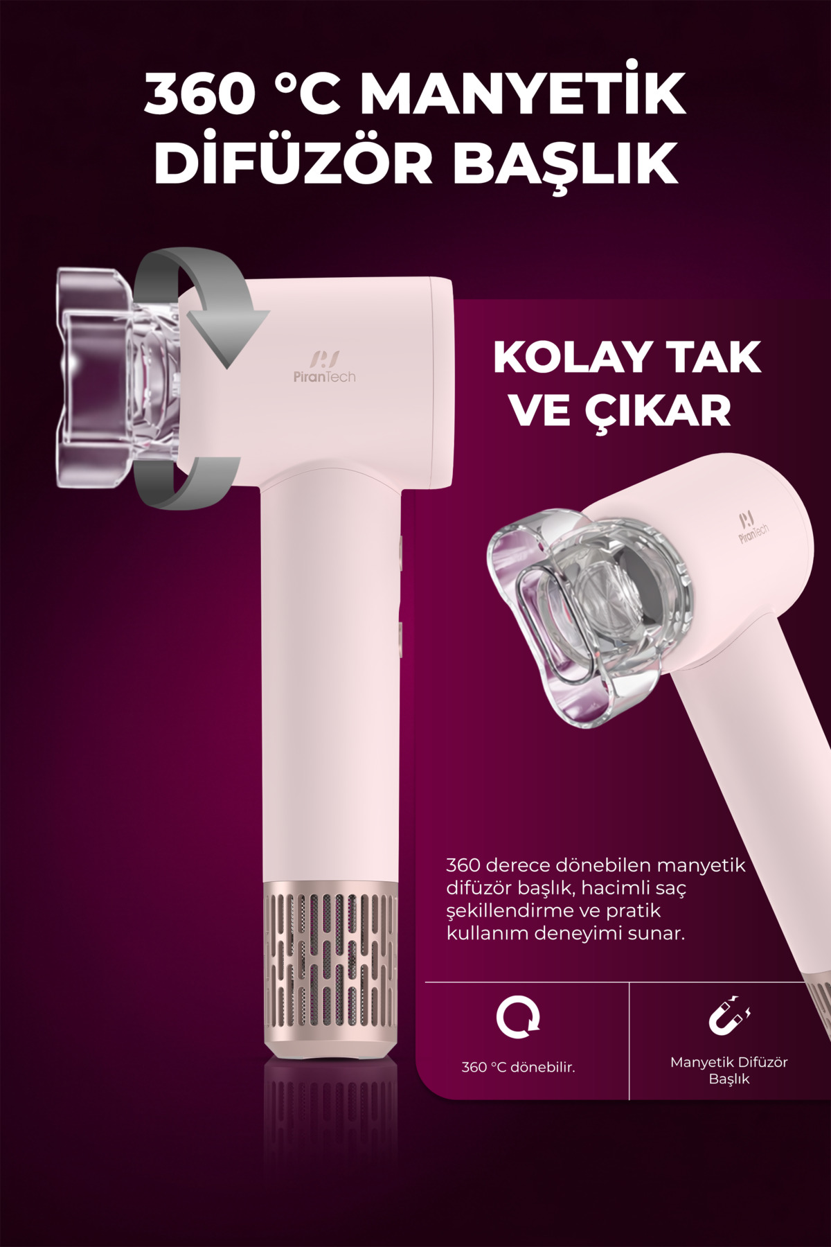 Manyetik bağlantılı ve döner elemanlı pembe saç kurutma makinesi başlığı.