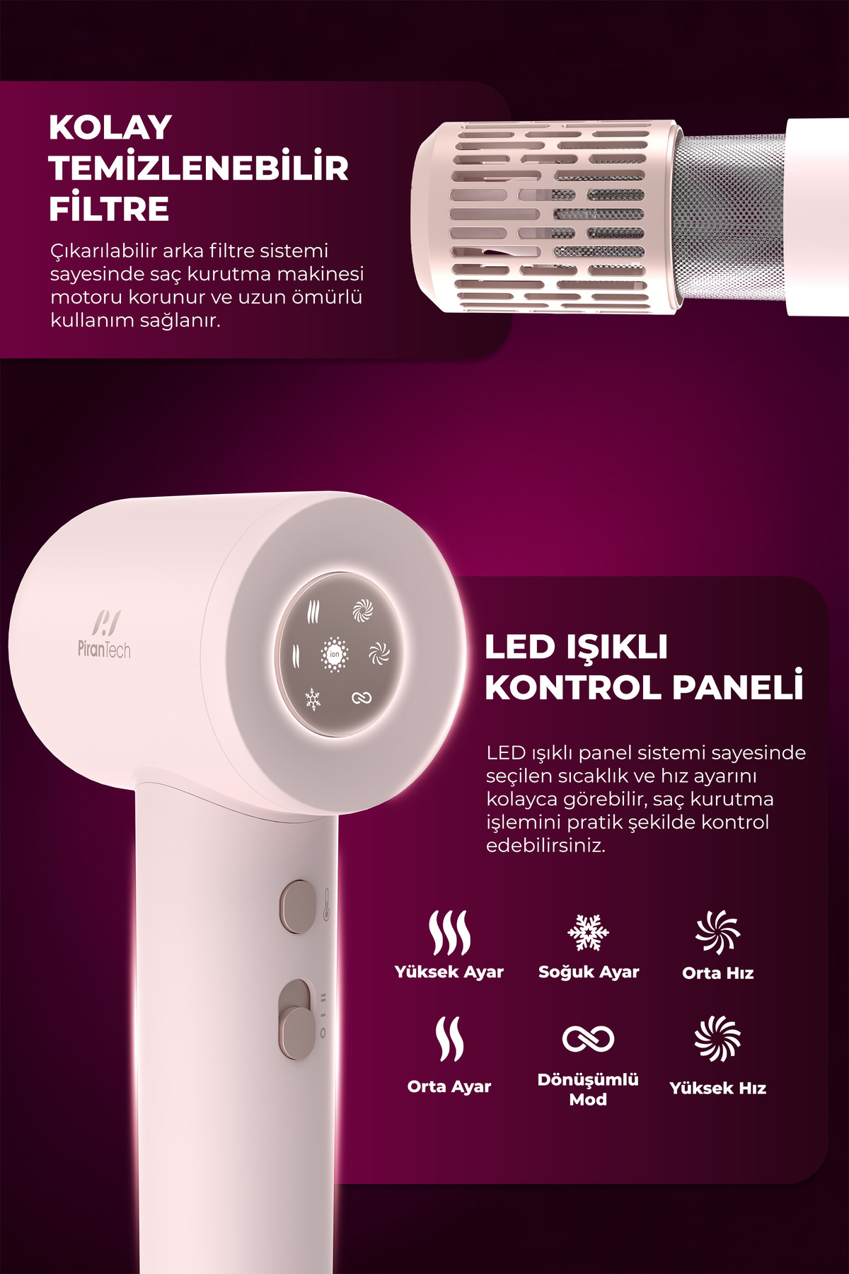 LED kontrol panelli ve çıkarılabilir filtreli beyaz saç kurutma makinesi. Çeşitli ayarları gösterir.