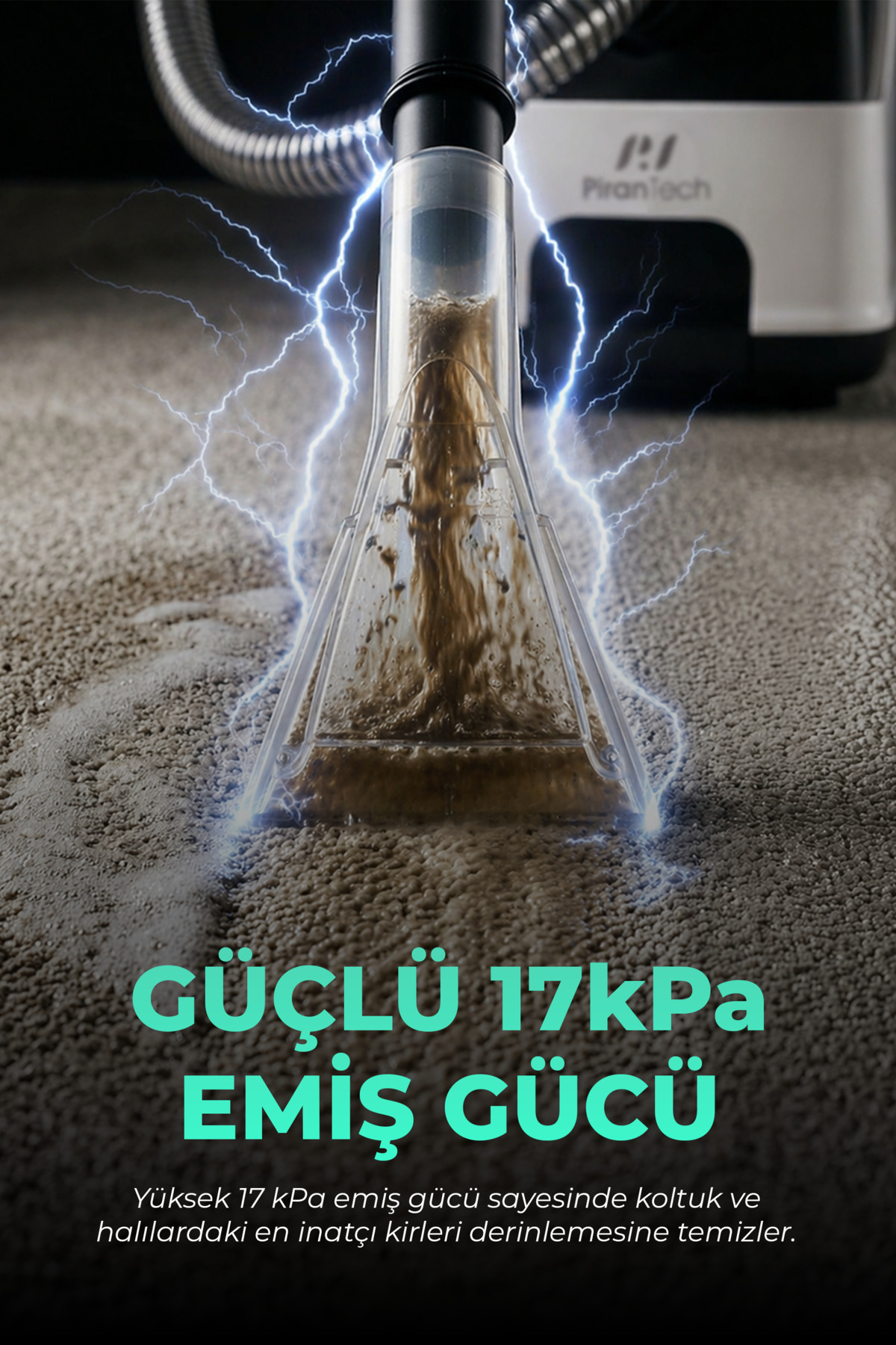 Halı yıkama makinesi, şimşek efektleriyle kirleri vakumluyor.