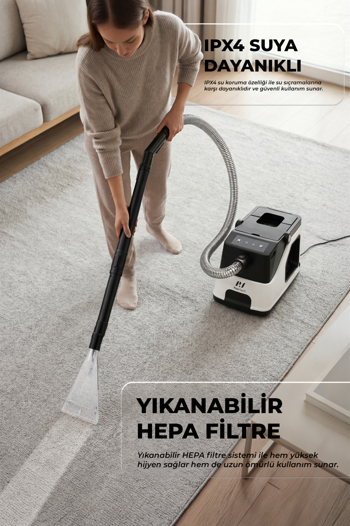 Kadın halıda ıslak/kuru vakum kullanıyor.
