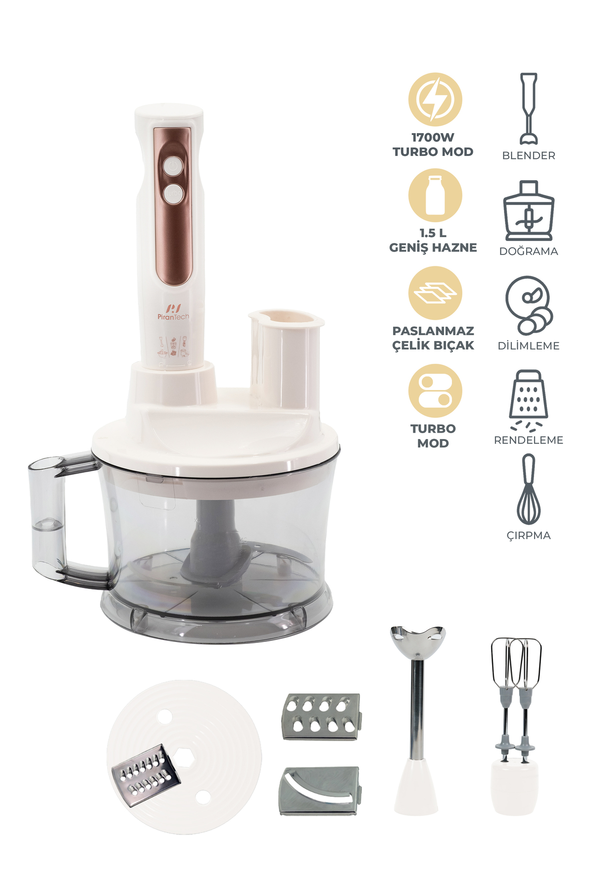 1700W turbo, 1,5L hazne gibi özellikler gösteren aksesuarlı beyaz blender ve ikonlar.