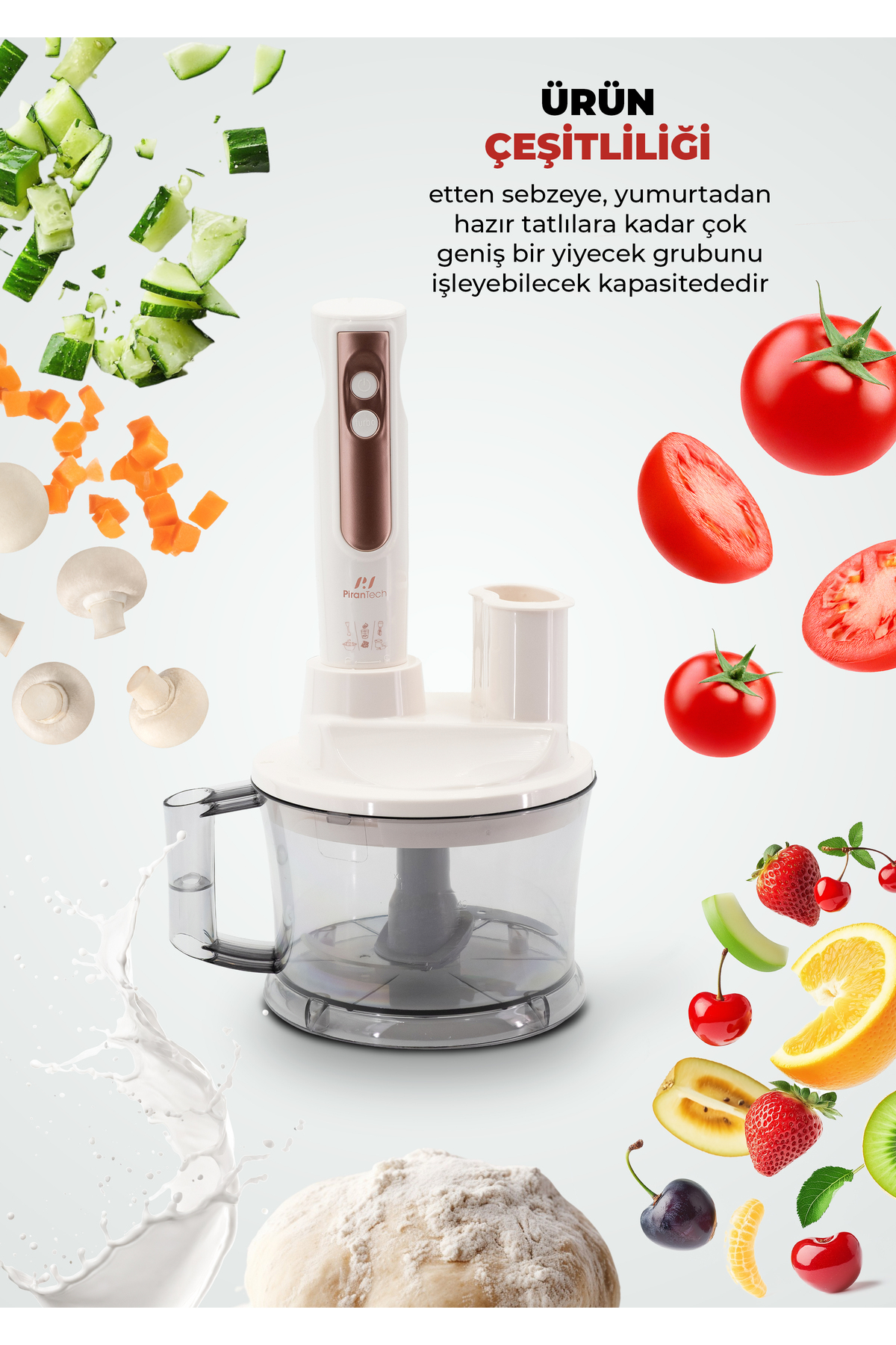 Beyaz blender, gül altın rengi detaylar, domates, çilek ve salatalık gibi taze malzemelerle çevrili.