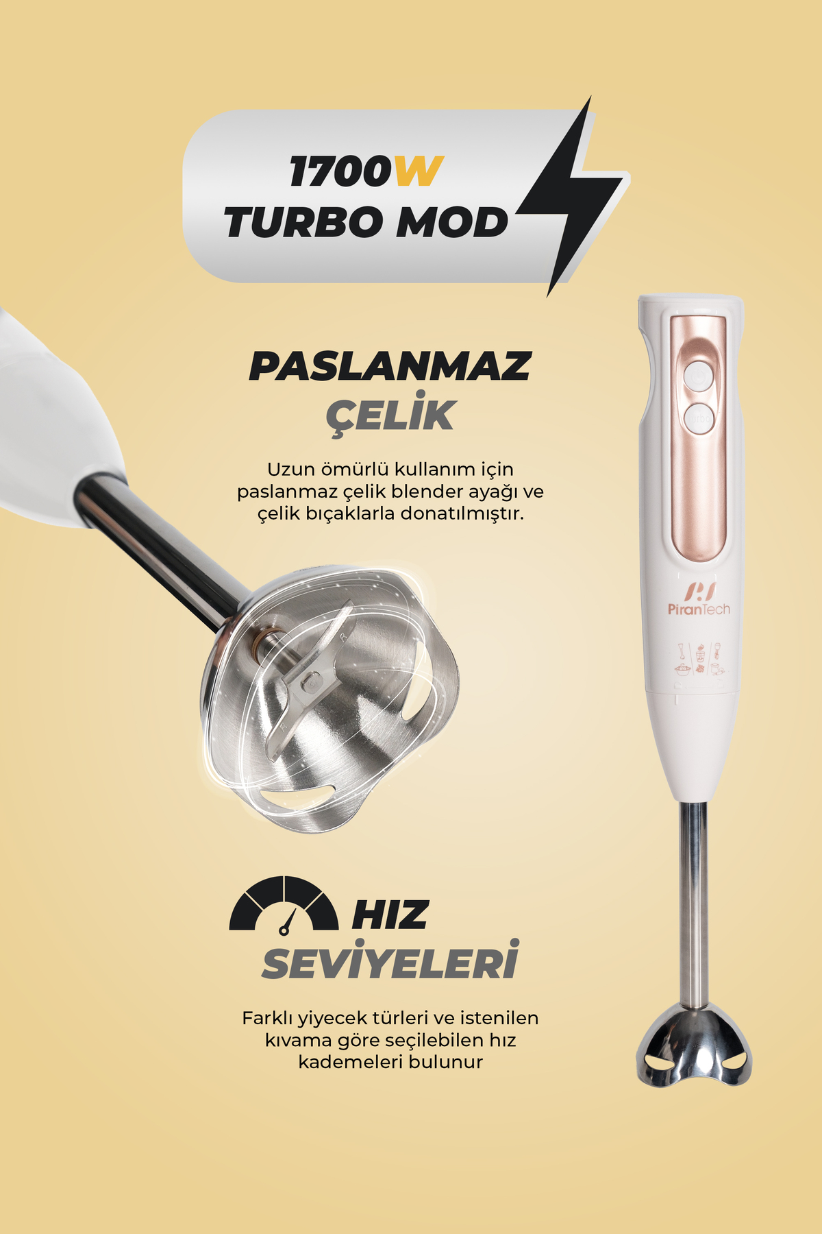 Rose gold detaylı beyaz el blenderı, 1700W turbo modu ve paslanmaz çelik bıçakları bulunur.
