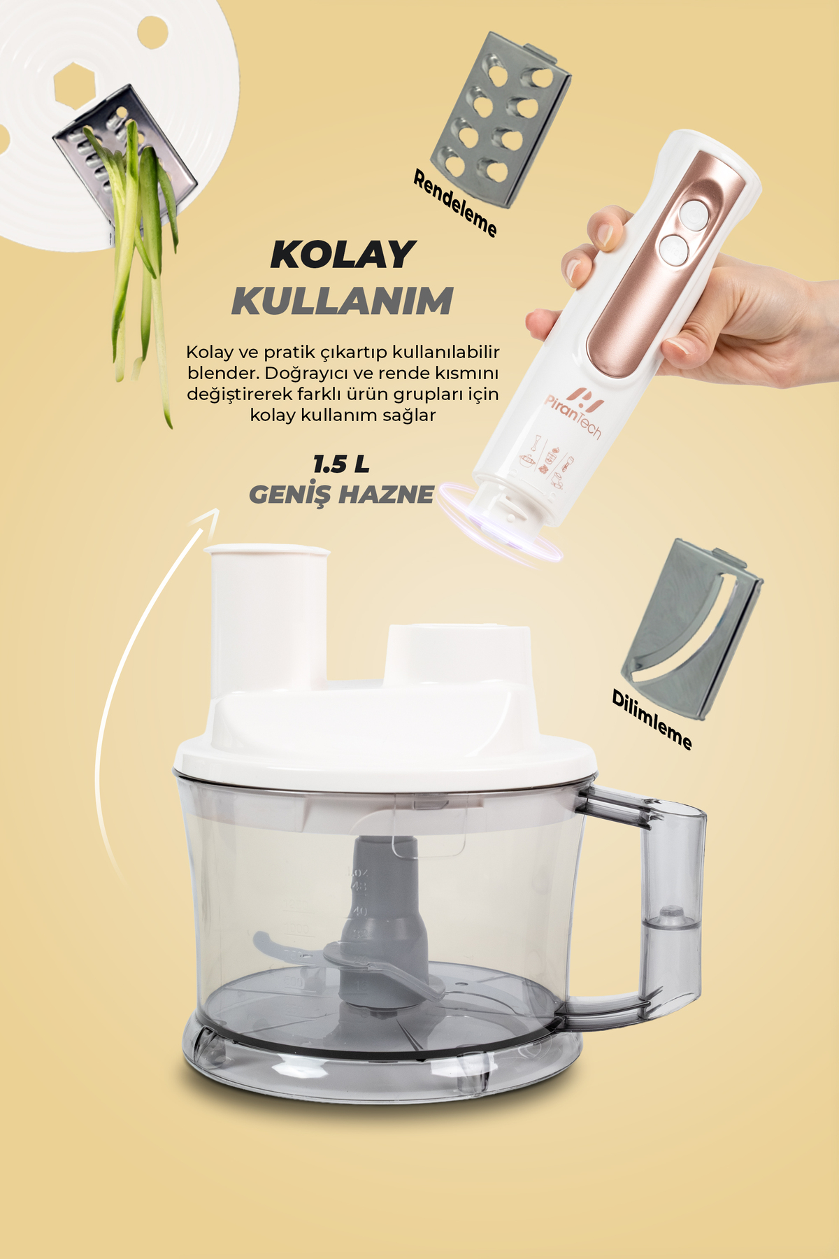 Rendeleme ve dilimleme aparatlı el blenderı, 1,5 L'lik haznesi olan blender yanında.