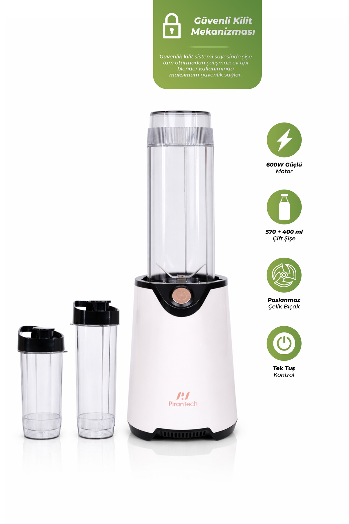 Motor, şişe, bıçak ve kontrol ikonlu, iki şeffaf kupayla beyaz blender.