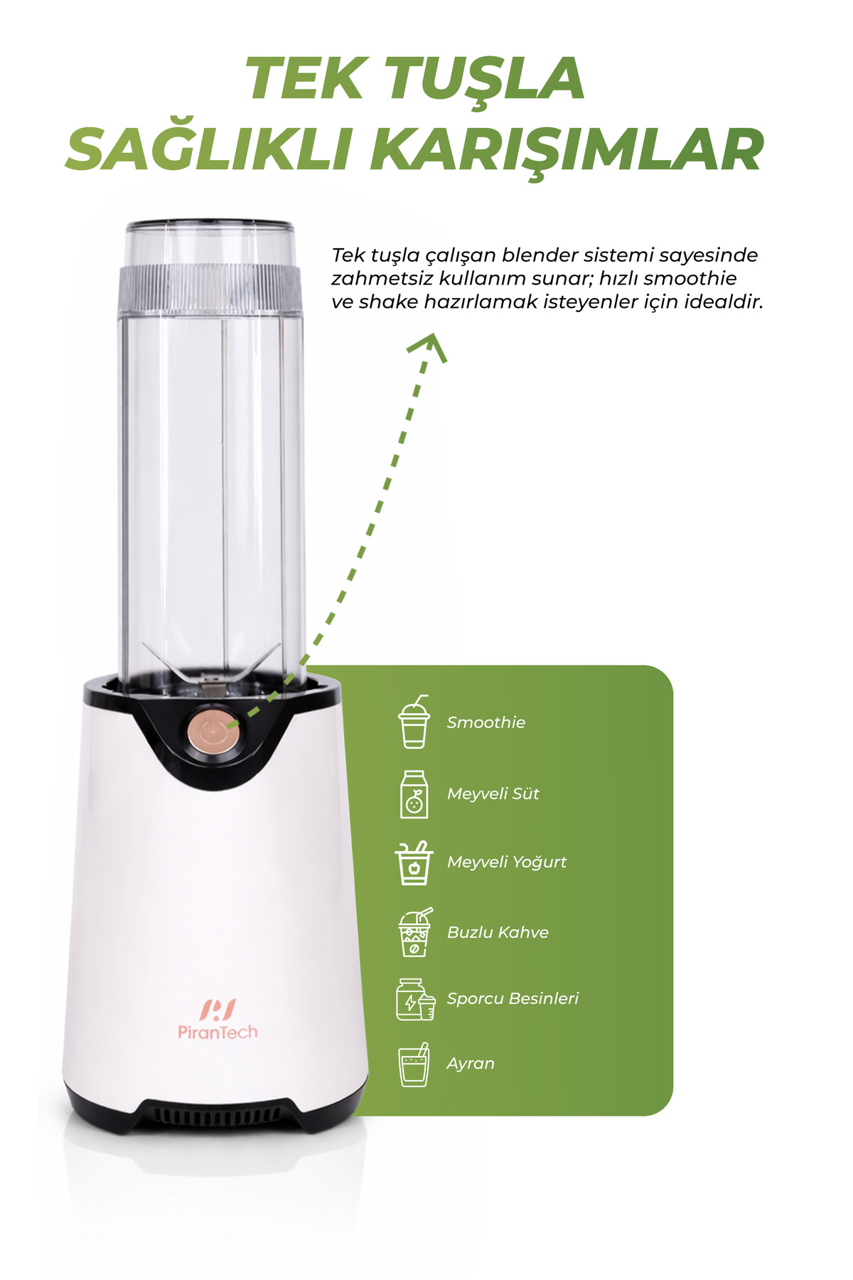 Beyaz tabanlı, şeffaf haznesi olan beyaz blender. Yanında smoothie, meyveli süt ve kahve ikonları var.