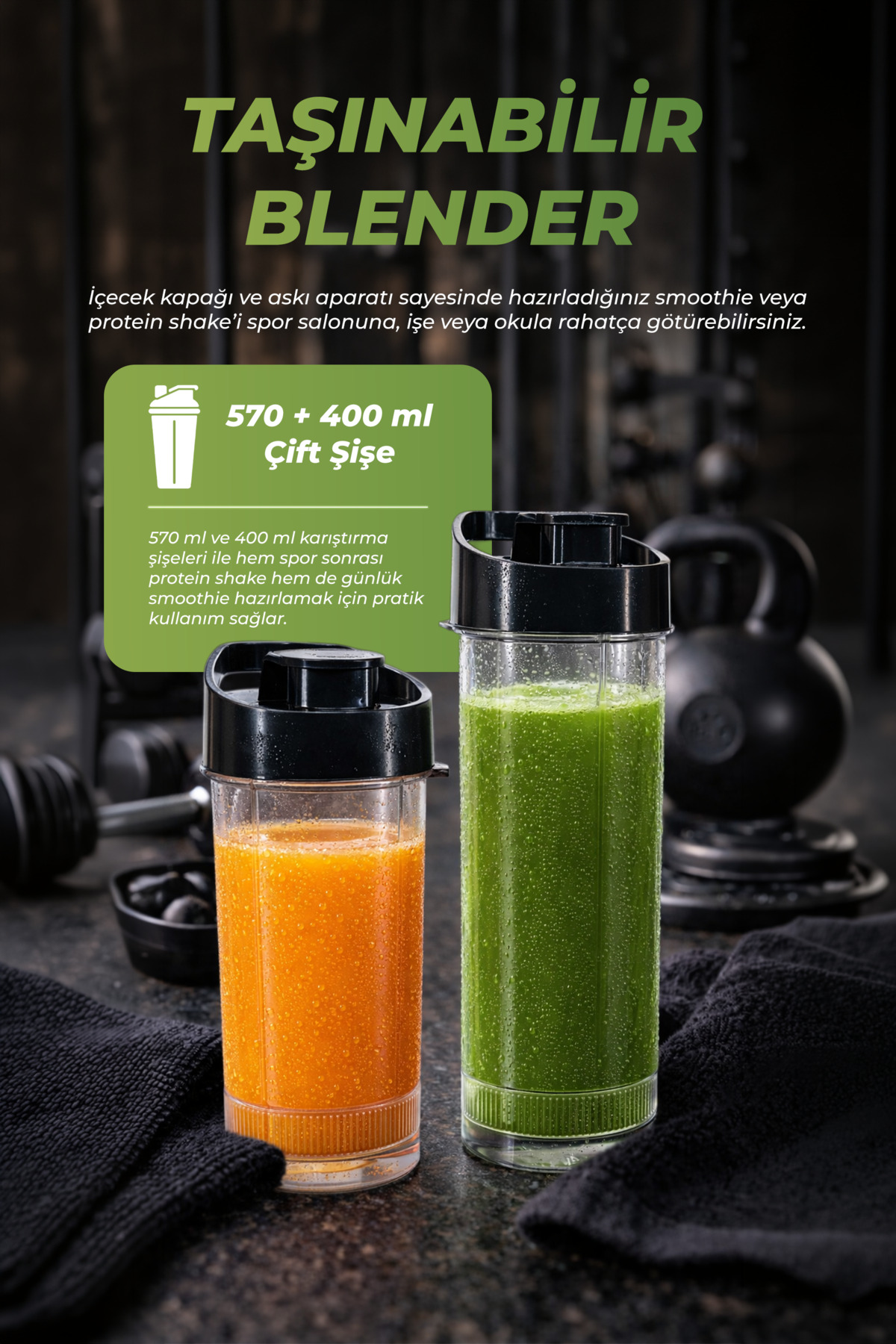 Turuncu ve yeşil sıvılı iki taşınabilir blender şişesi.