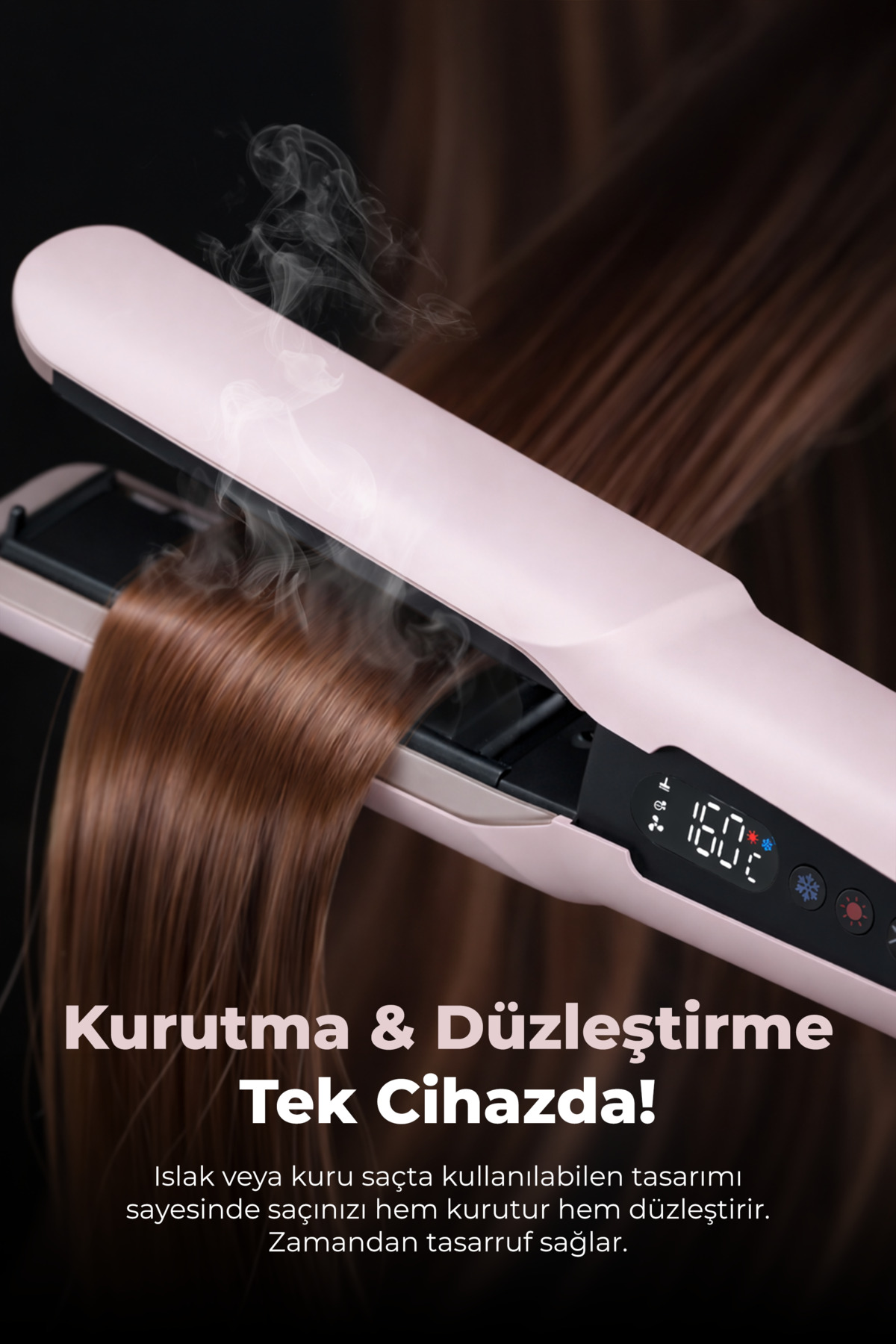 Pembe buharlı saç düzleştirici, kahverengi saçı düzleştiriyor. Dijital ekran 160C.