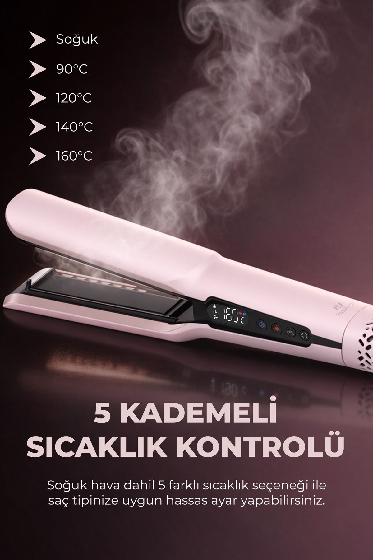 5 sıcaklık ayarı gösteren pembe buharlı saç düzleştirici.