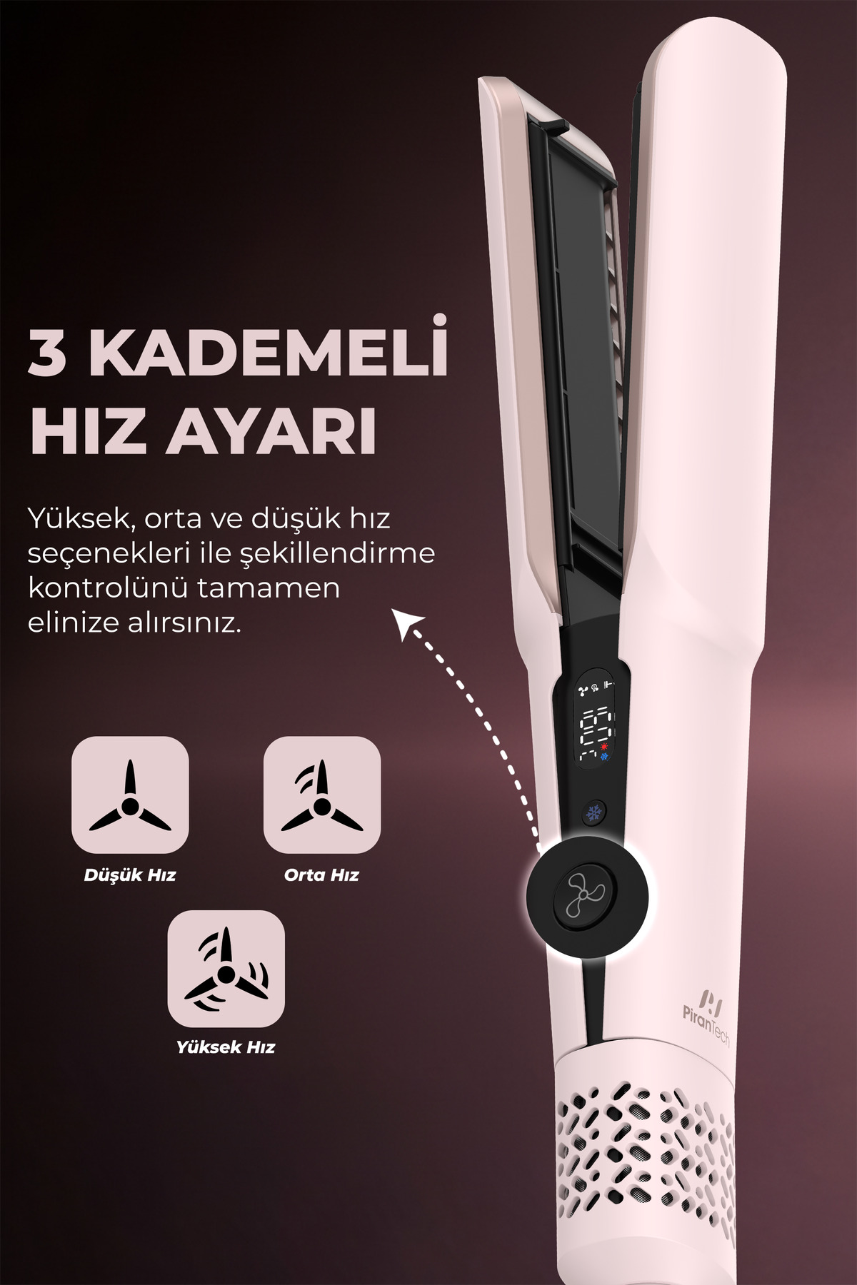 Düşük, Orta, Yüksek hız ayarları ikonlarına sahip pembe saç düzleştirici.